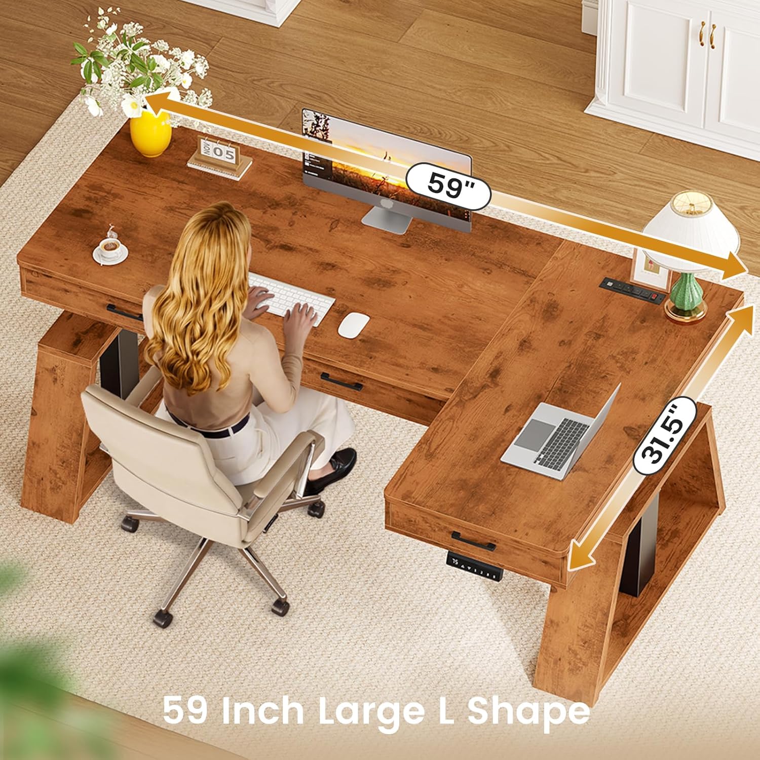 SEDETA 59 Inch L Shaped Electric Standing Desk with Drawers, Executive Adjustable Desk with Power Outlets, Sit Stand Computer Table for Home Office, Rustic Brown