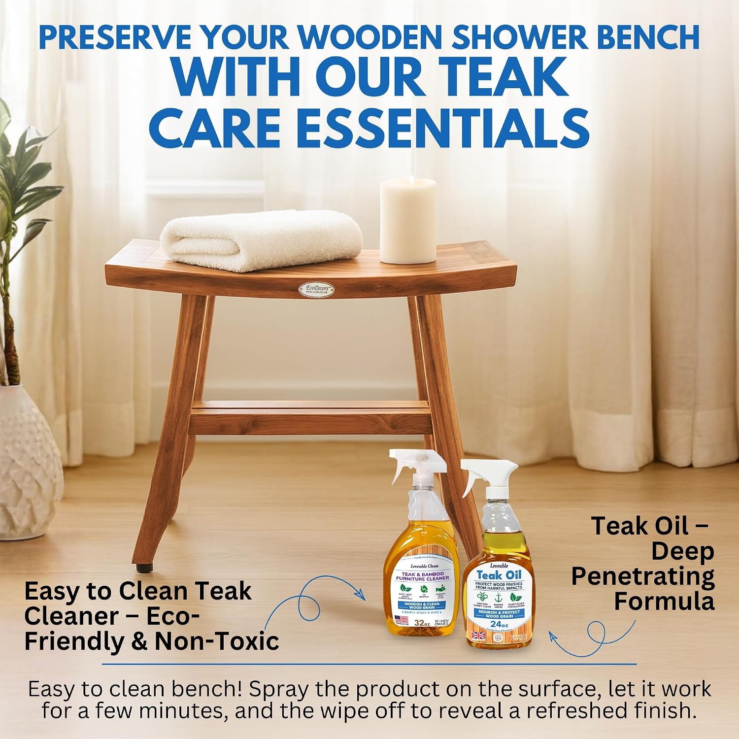 EcoDecors 24 Inch Satori Natural Teak Waterproof Teak Wood Shower Bench Stool Seat Chair for Inside Shower Provides Safety, Storage, and Organization for Bathroom Accessories