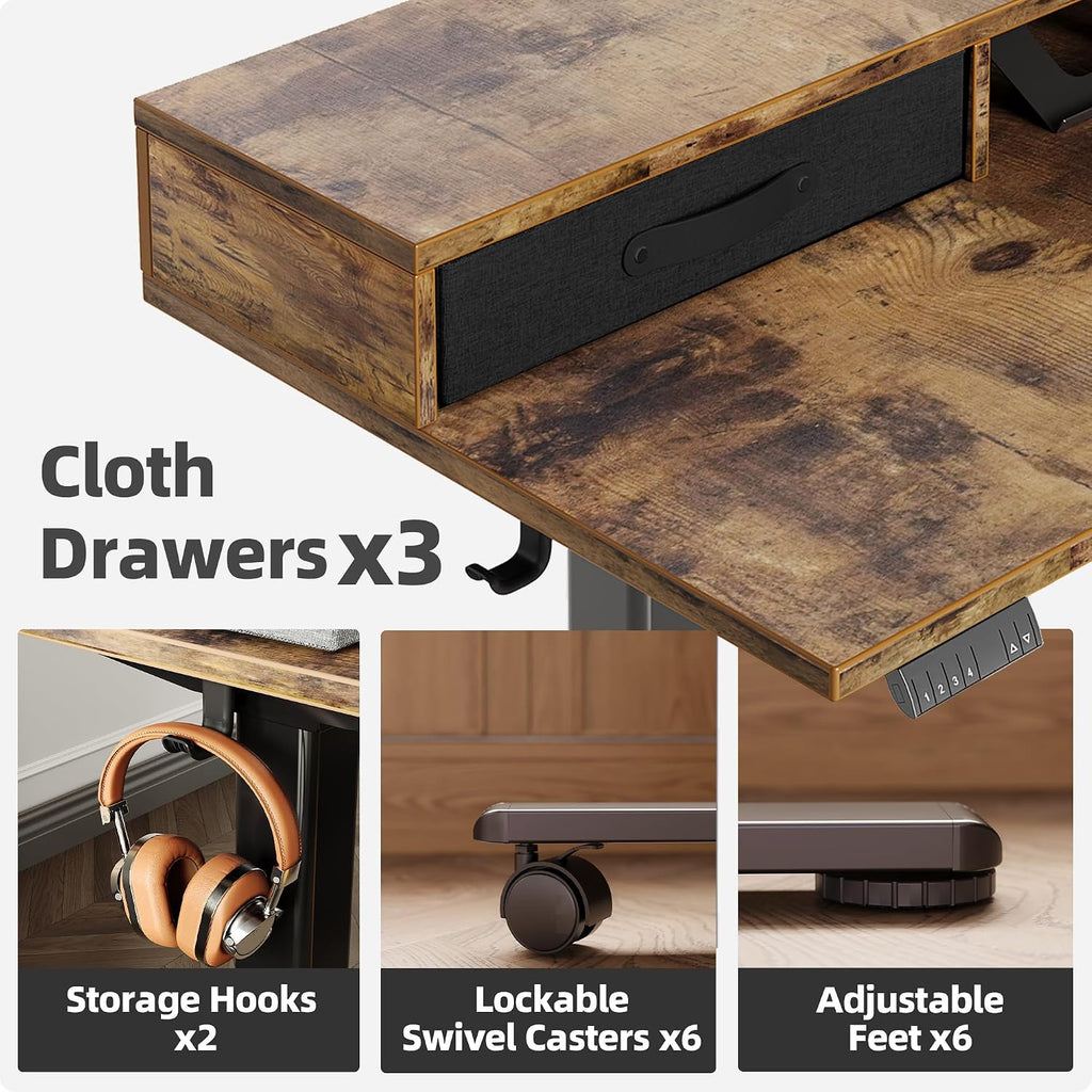 Claiks Dual Motor 63' L Shaped Standing Desk with Drawers, Electric Height Adjustable Standing Desk with Monitor Stand & Splice Board, Black Frame/Rustic Brown Top