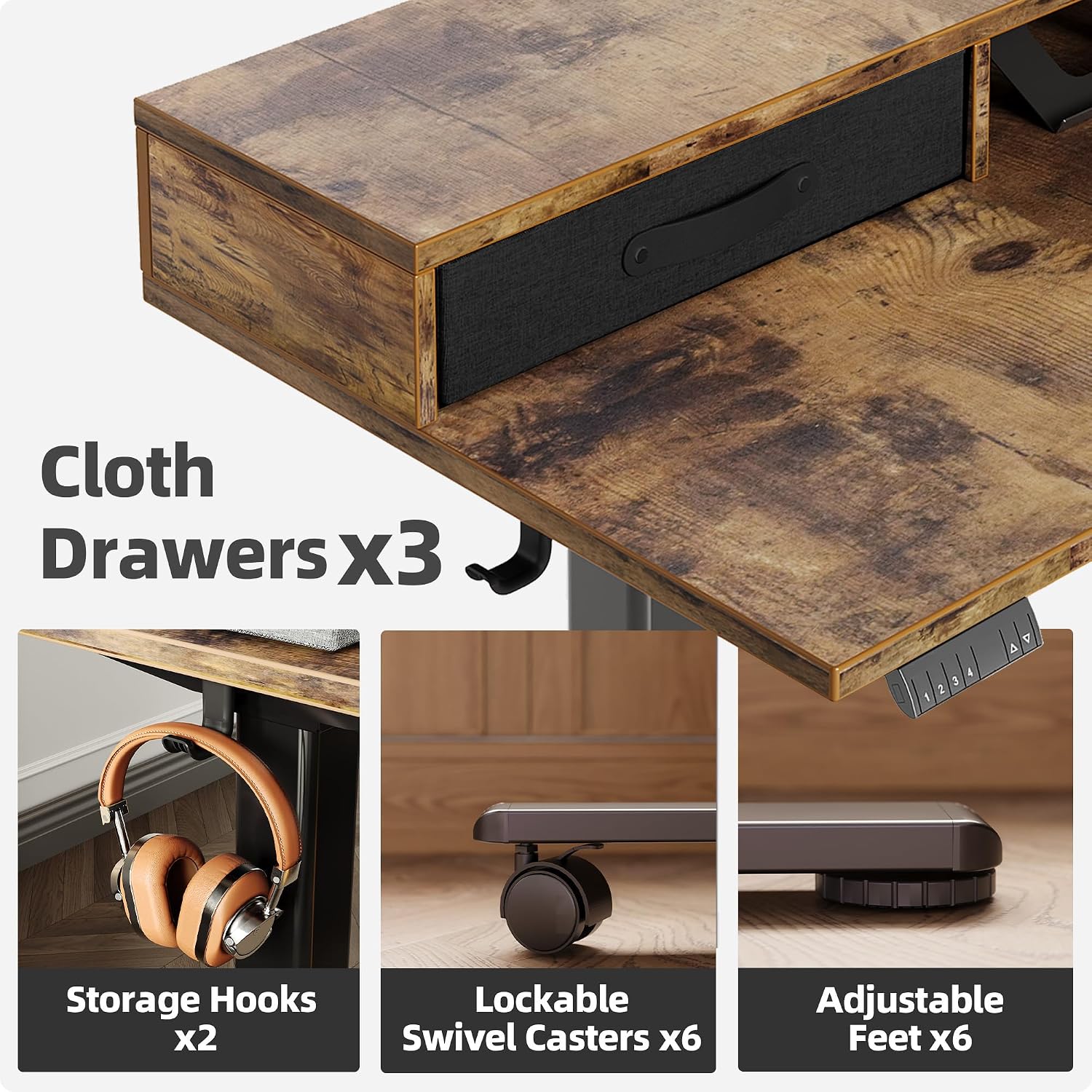 Claiks Dual Motor 63' L Shaped Standing Desk with Drawers, Electric Height Adjustable Standing Desk with Monitor Stand & Splice Board, Black Frame/Rustic Brown Top
