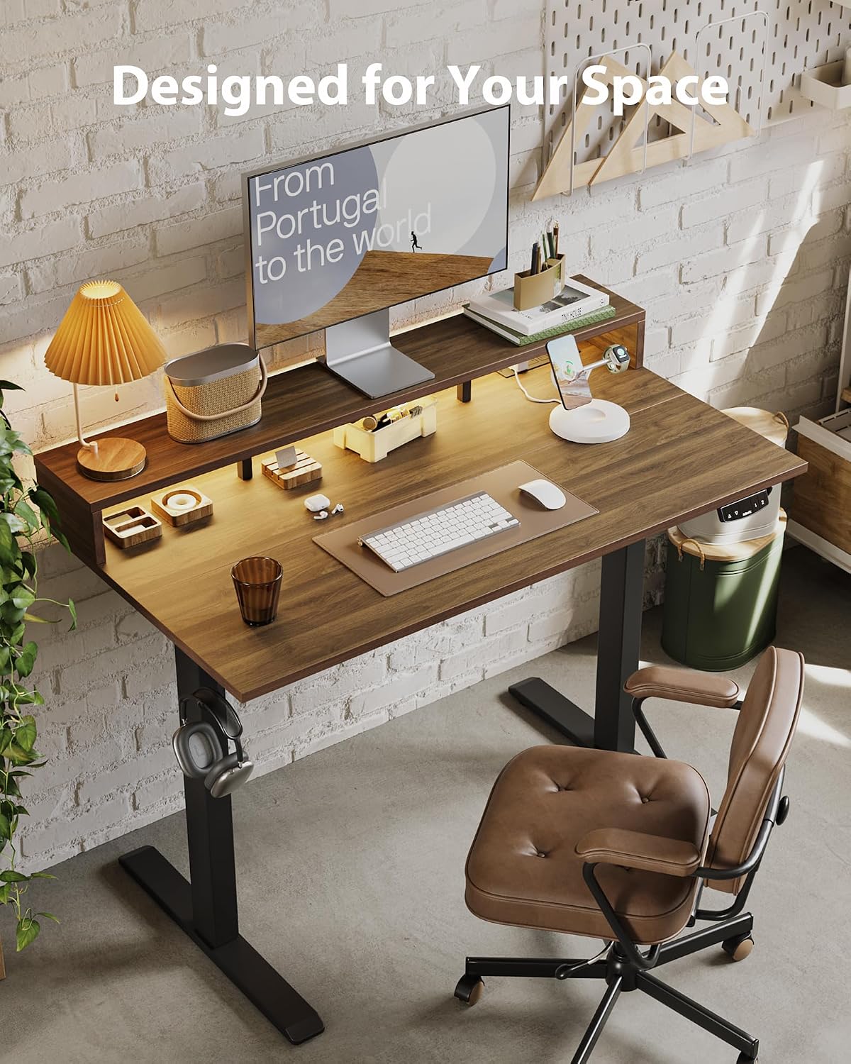 Agilestic 48x24 Inch Electric Standing Desk with Shelf, Height Adjustable Desk with Power Outlets & LED, Sit Stand Up Table with Monitor Stand, Computer Workstation, Dark Walnut