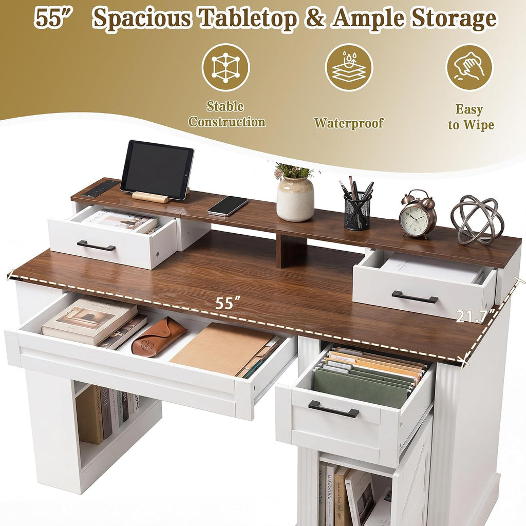 55' Farmhouse Office Desk with Storage Cabinet & Drawers, Computer Writing Desk with Power Outlet, Monitor Stand & Pegboard, Built-in Shelves and Keyboard Tray for Study, Home Office (White-01)