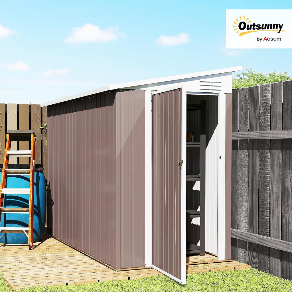 Outsunny 4' x 8' Metal Outdoor Storage Shed, Lean to Storage Shed, Garden Tool Storage House with Lockable Door and 2 Air Vents for Backyard, Patio, Lawn, Brown