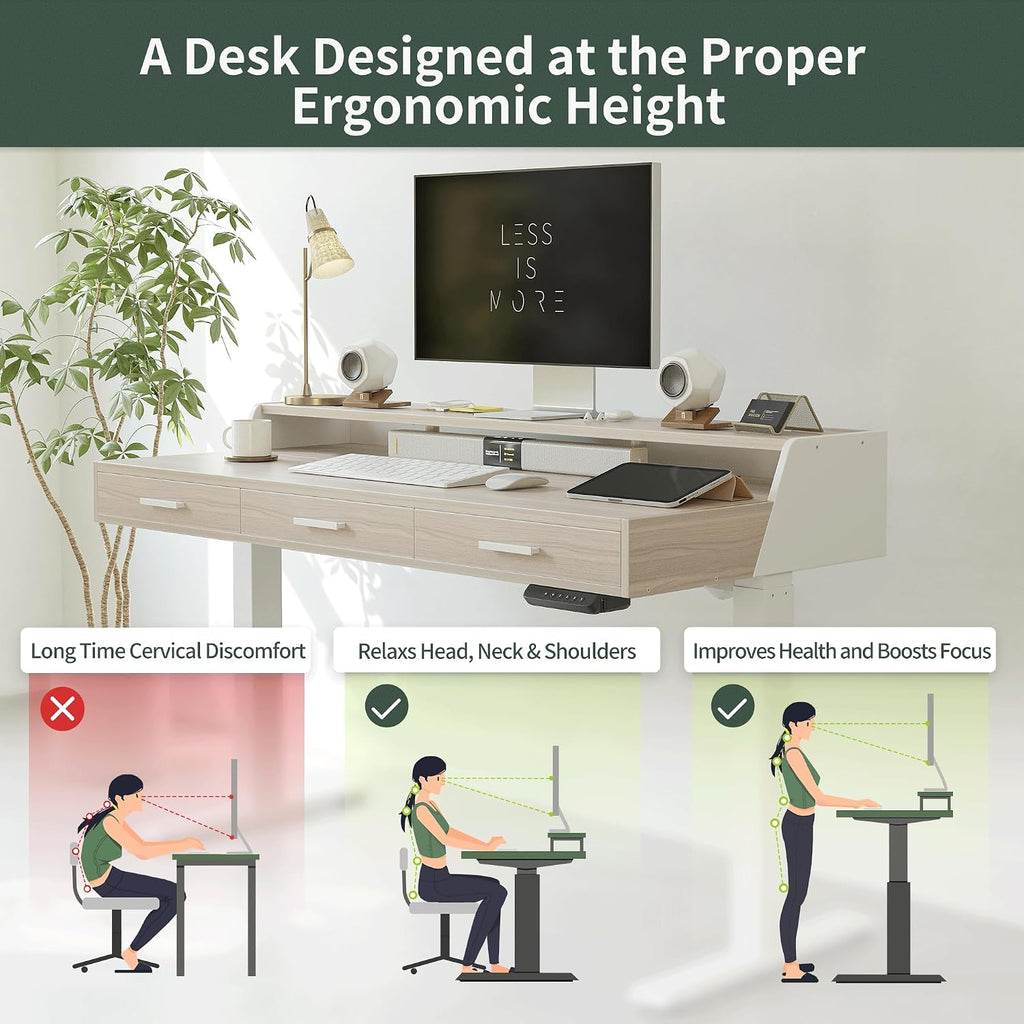 FEZIBO Electric Standing Desk with Drawers, 55x26 Inch Standing Desk Adjustable Height, Stand Up Desk with Monitor Shelf, Sit Stand Home Office Desk, Light Walnut