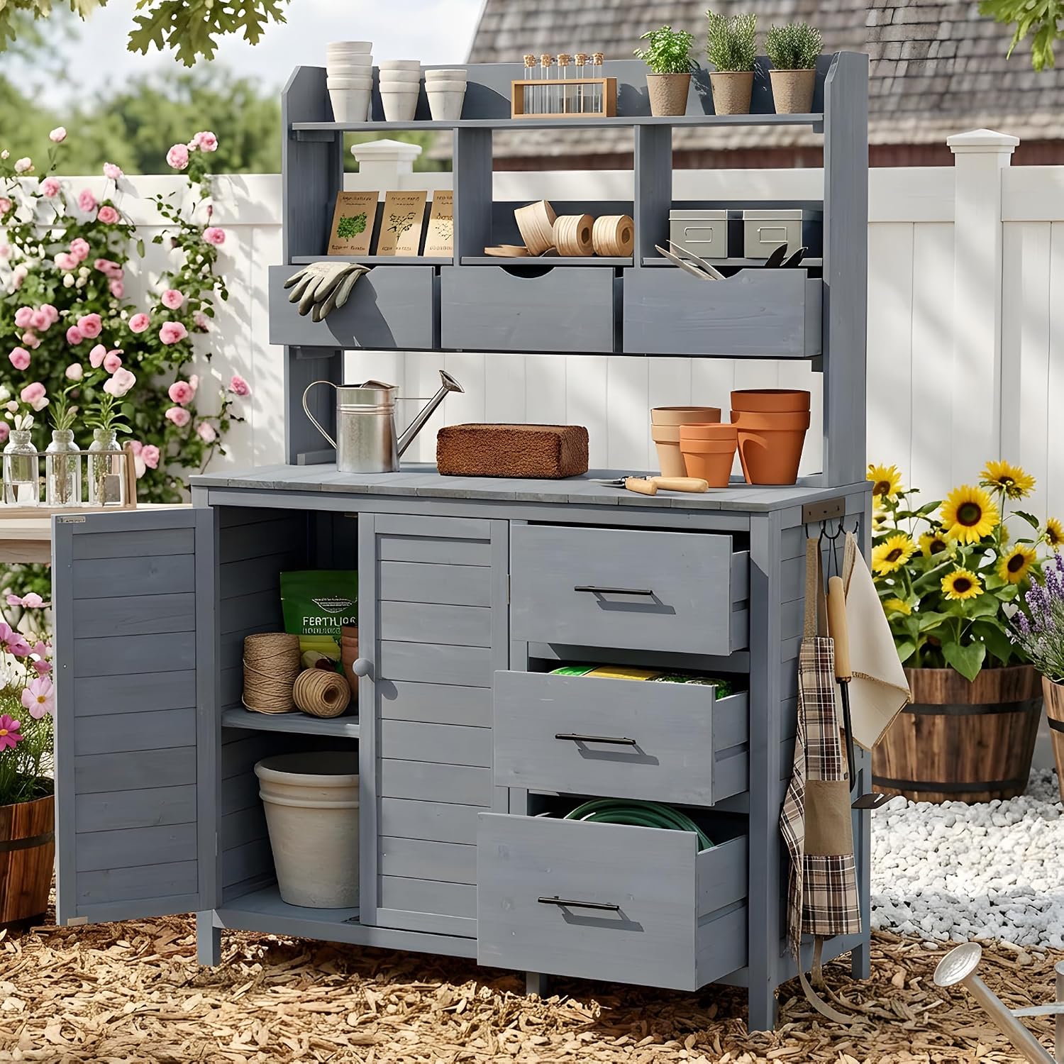 65' H Large Patio Potting Bench, Farmhouse Garden Workstation with 6 Drawers, Bottom Cabinet and Side Hook, Adjustable Shelf, Fir Wood Frame Outdoor Kitchen Island (Gray/101)