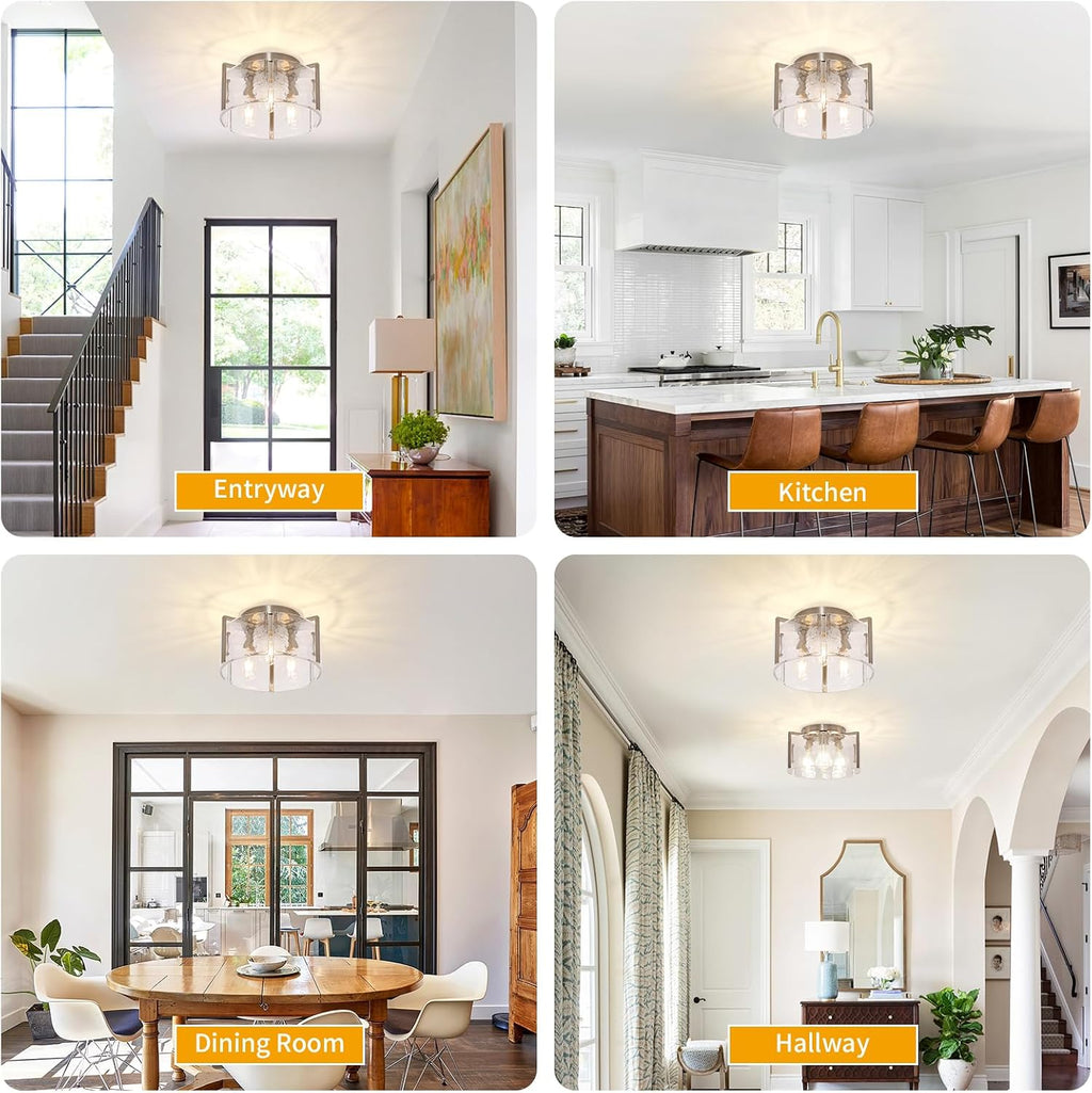 Modern 3-Light Semi Flush Mount Ceiling Light, Brushed Nickel Finish with Water Ripple Glass Shade, Farmhouse Close to Ceiling Light Fixture for Hallway, Bedroom, Kitchen, Living Room, Entryway