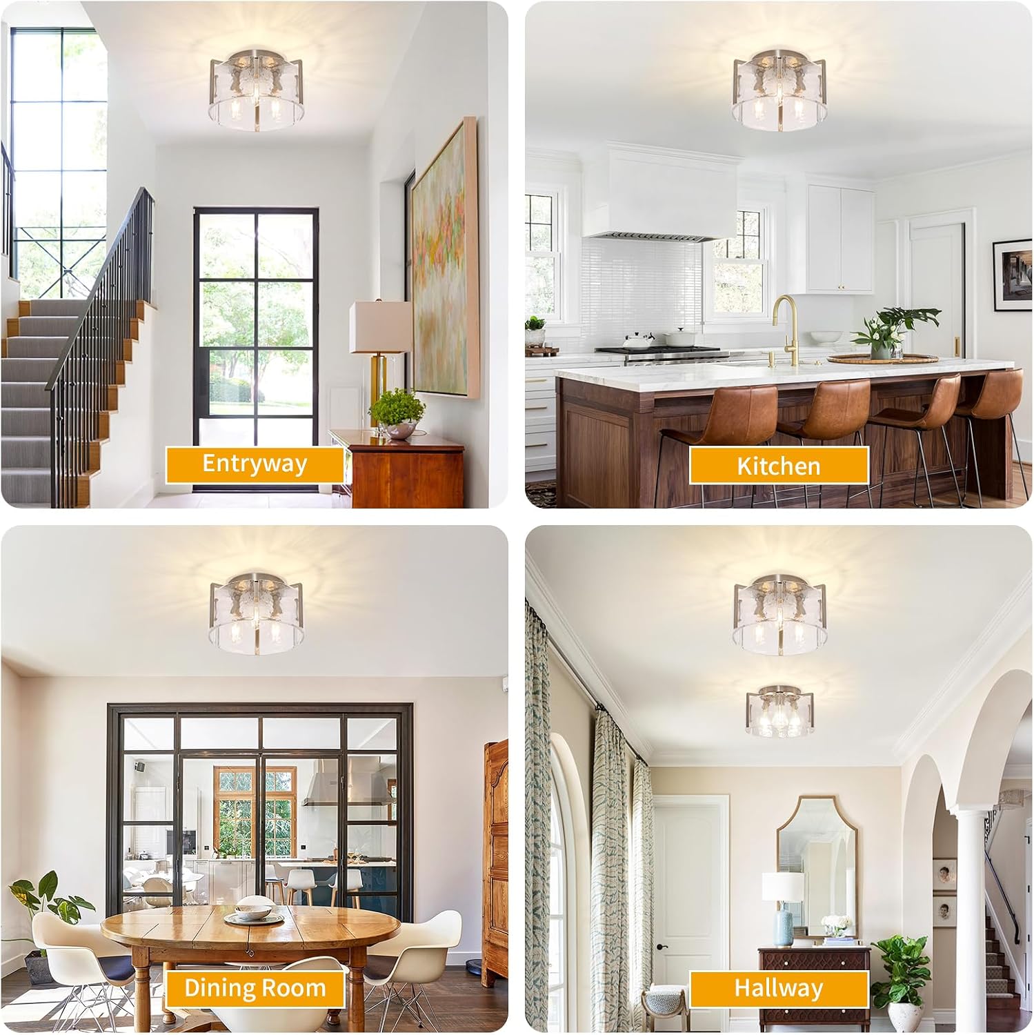 Modern 3-Light Semi Flush Mount Ceiling Light, Brushed Nickel Finish with Water Ripple Glass Shade, Farmhouse Close to Ceiling Light Fixture for Hallway, Bedroom, Kitchen, Living Room, Entryway