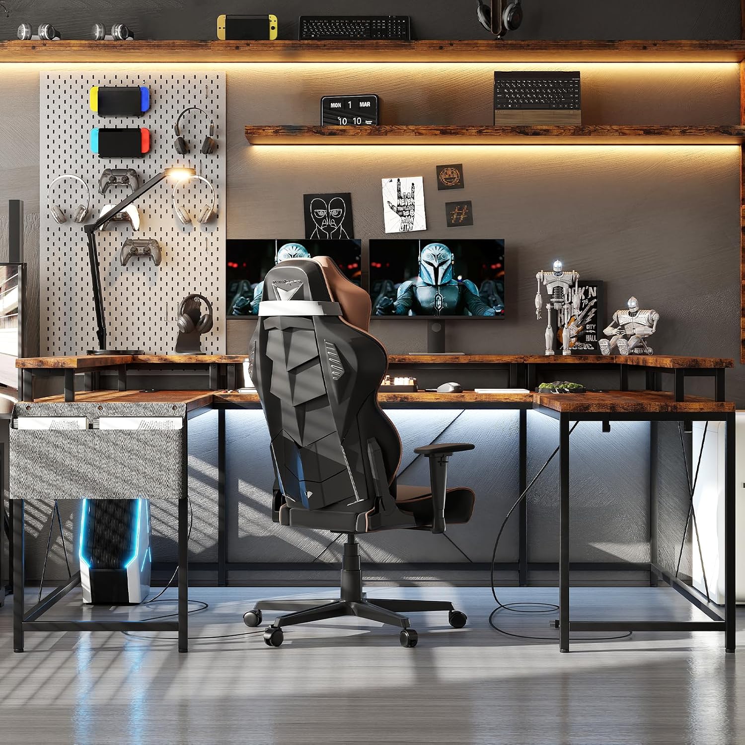 79 Inch u Shaped Desk with Power Outlets, LED Strip & Monitor Stand, Large Corner Computer Desk with Monitor Stand & with Storage Shelves for Home Office
