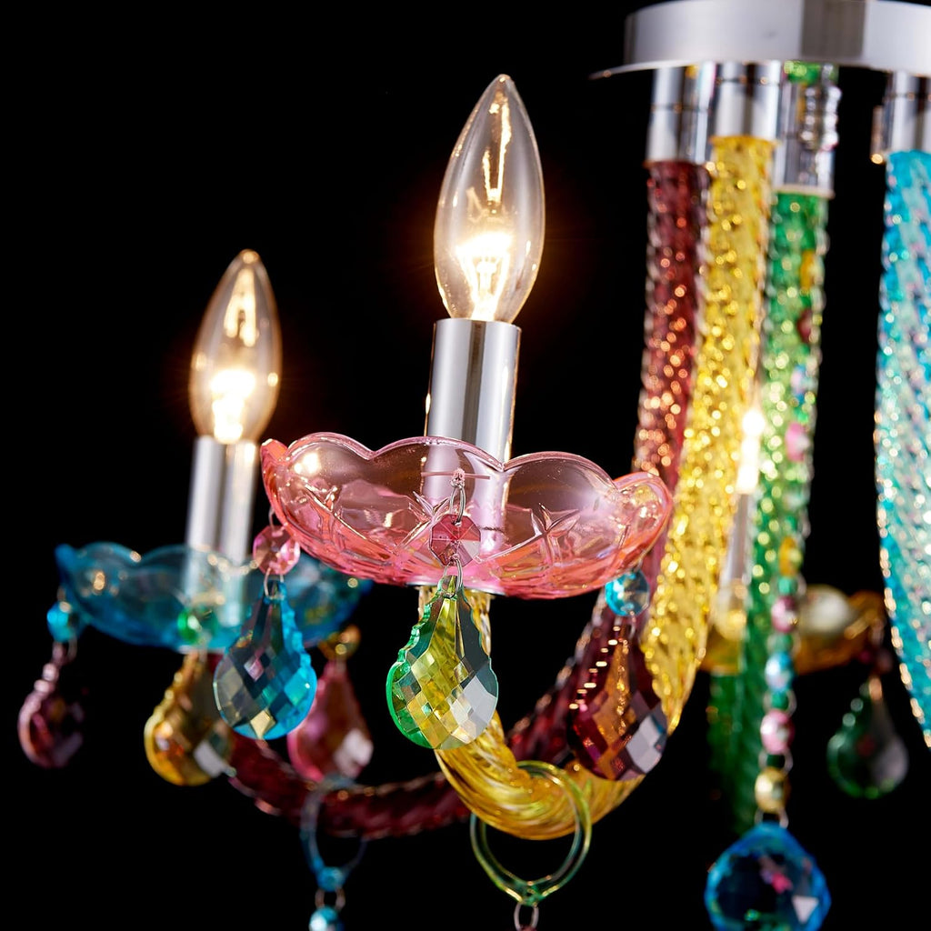5-Light Children Candle Chandeliers, Modern Candy Design Flushmount Light Fixture for Bedroom, Dining Room, Kitchen, Bathroom, D22×H16 inch, Clear Rainbow Color Finish & K9 Crystal
