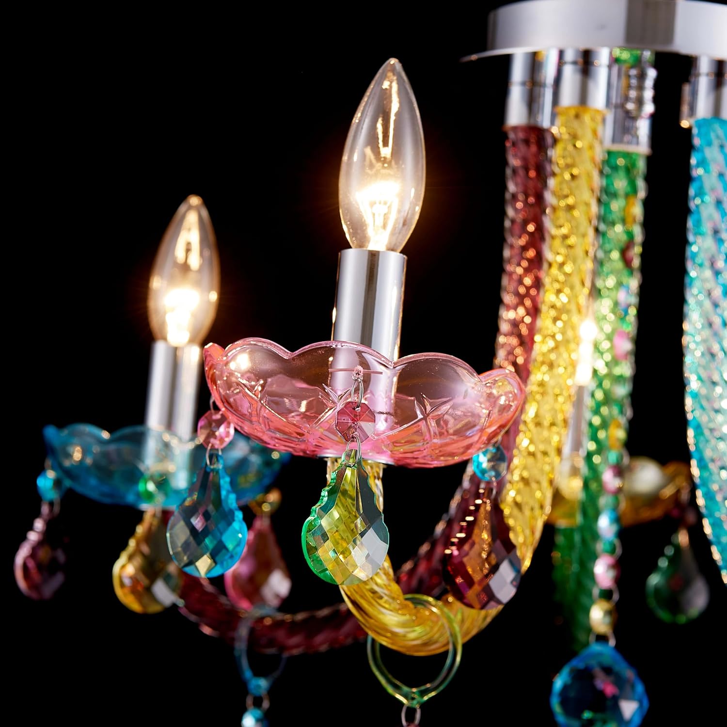 5-Light Children Candle Chandeliers, Modern Candy Design Flushmount Light Fixture for Bedroom, Dining Room, Kitchen, Bathroom, D22×H16 inch, Clear Rainbow Color Finish & K9 Crystal