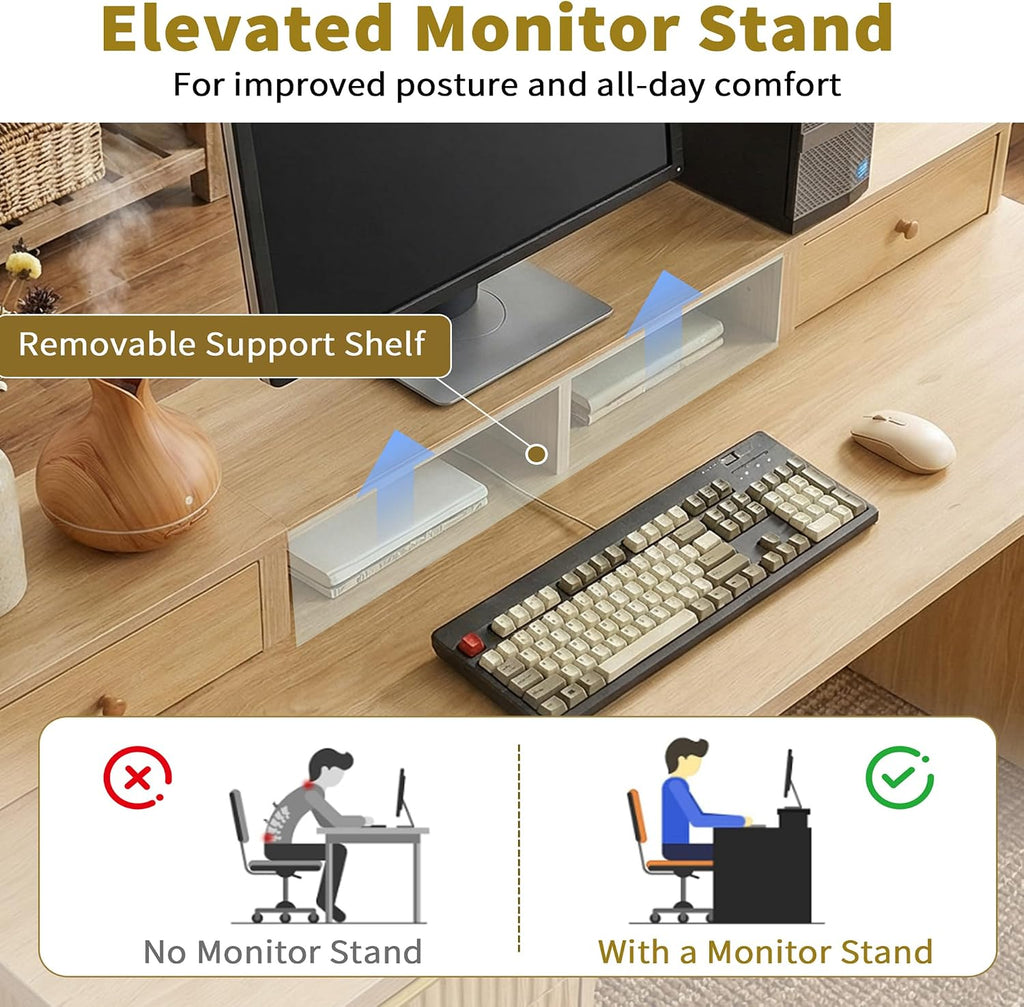 Fluted L Shaped Executive Desk with 6 Drawers & Monitor Stand, Home Office Computer Writing Desk with Power Outlets, File Drawer, Wood Corner Workstation Desk with Storage for Study, Bedroom(Natural)