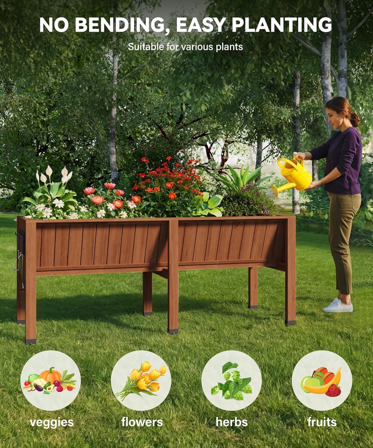 Garvee 6x2x2.5 ft Large Raised Garden Bed (72x26x30 in) - Elevated Wood Planter Box with Storage Hooks & Locking Wheels - 13.7 in Deep Outdoor Grow Box for Vegetables/Herbs w/Non-Woven Liner