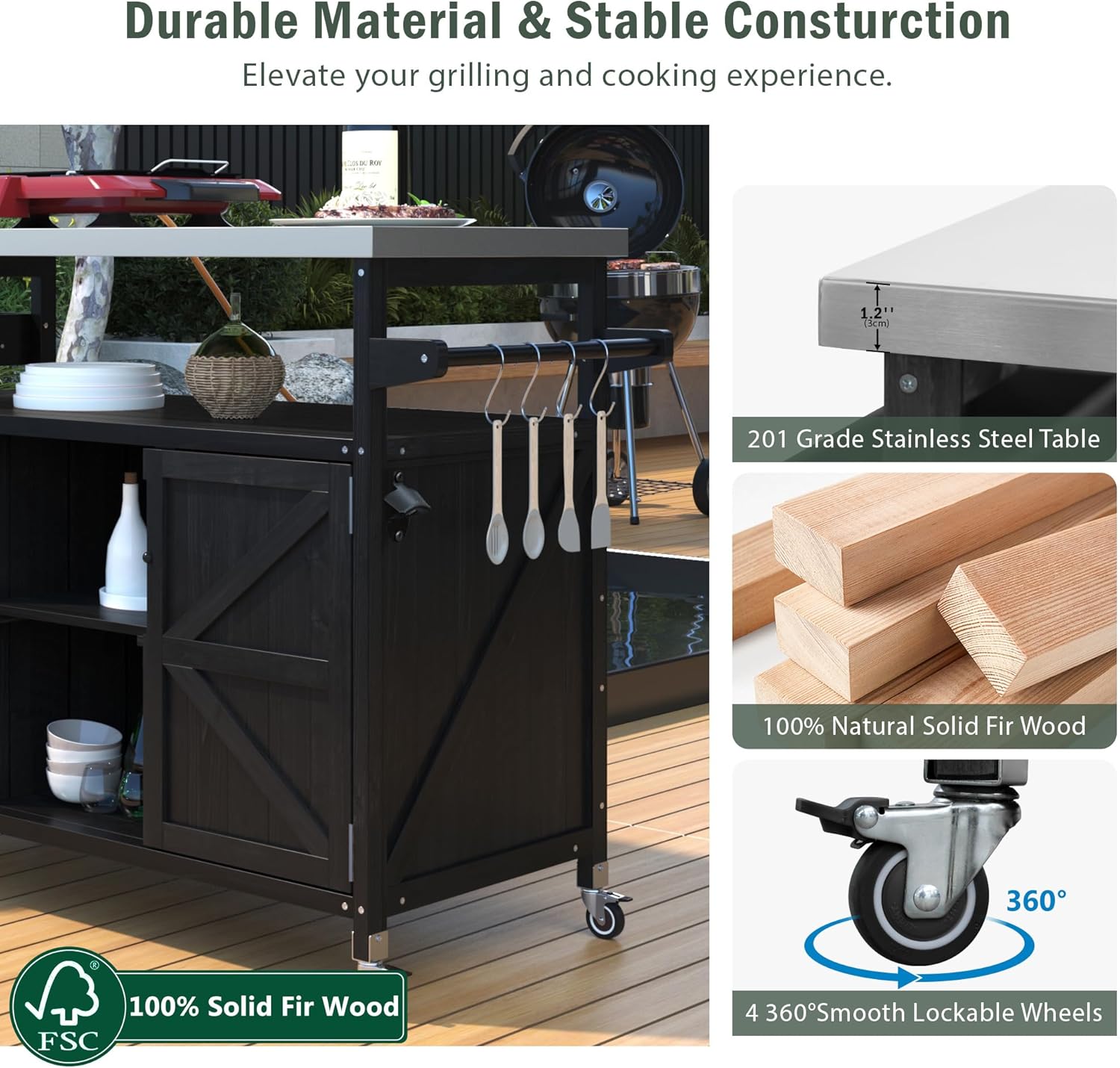 50.25 Outdoor Kitchen Island, Rolling Bar Cart & Storage Cabinet, Farmhouse Solid Wood Outdoor Grill Table with Stainless Steel Top, Spice Rack, Towel Rack for Kitchen & BBQ, Black