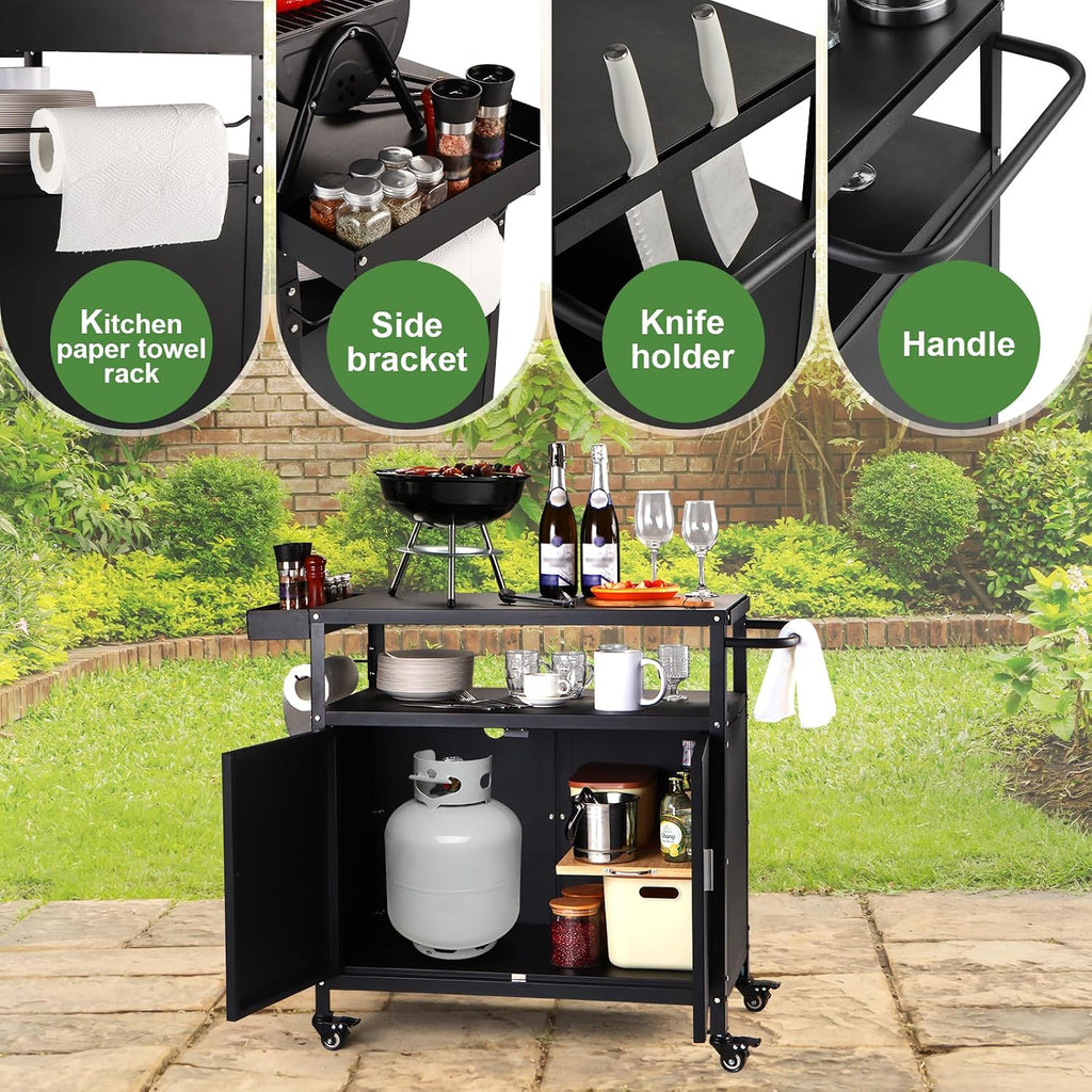 Outdoor Grill Cart with Storage Cabinet, Pizza Oven Stand Table with Wheels for Outside, Patio, Kitchen, Movable Outdoor Food Prep Table for Grill, BBQ