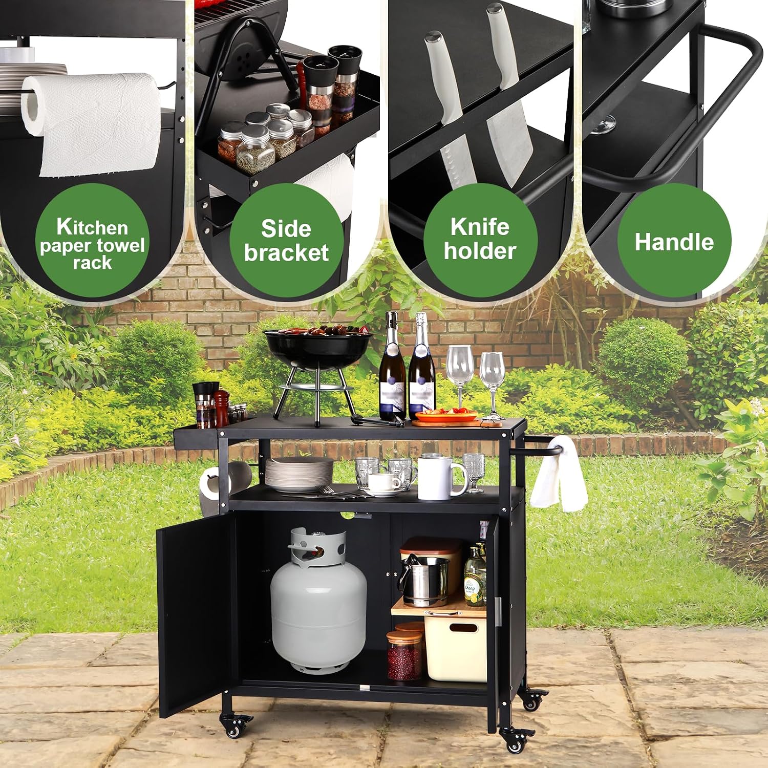 Outdoor Grill Cart with Storage Cabinet, Pizza Oven Stand Table with Wheels for Outside, Patio, Kitchen, Movable Outdoor Food Prep Table for Grill, BBQ