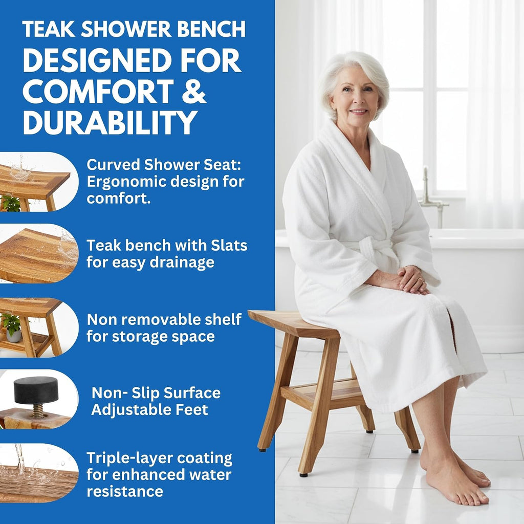 EcoDecors 18' Satori Teak Shower Bench –Compact Bath Seat, Natural Wood Finish Water-Resistant Spa Bench | Slatted Design & Adjustable Feet for Indoor Outdoor Use | Storage Shelf