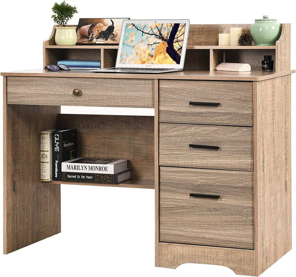 Catrimown Computer Desk with 4 Drawers and Hutch, Wood Executive Desks with File Drawer and Shelves, Small Desk Study Table for Bedroom, Student Teen Writing Laptop Table, Grey