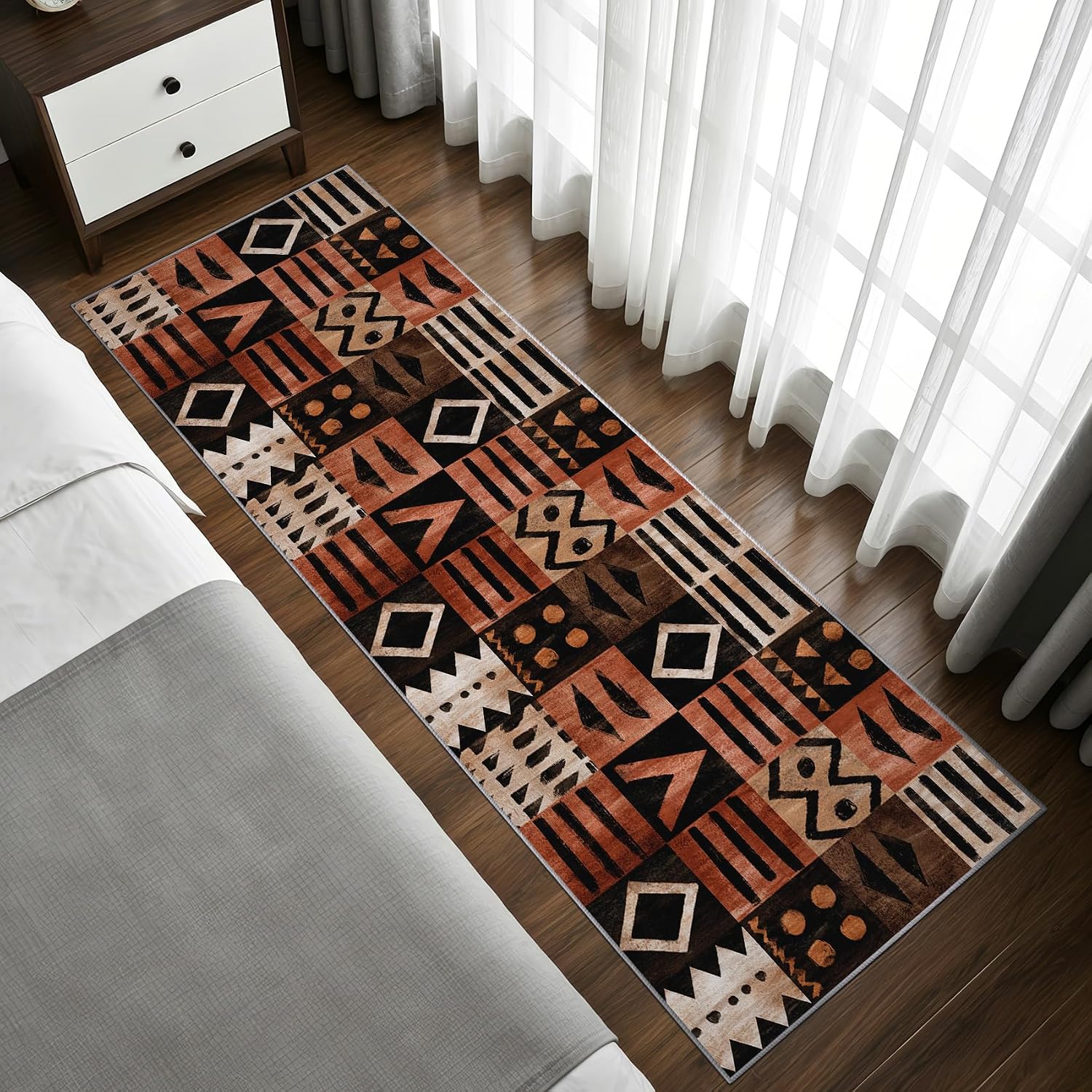 Tribal Runner Rug for Hallway - 4x10 Washable Rug Runner Non Slip - African Boho Kitchen Rugs - Afro Ethnic Geometric Carpet Runners for Hallway, Laundry Room, Bedroom, Bathroom
