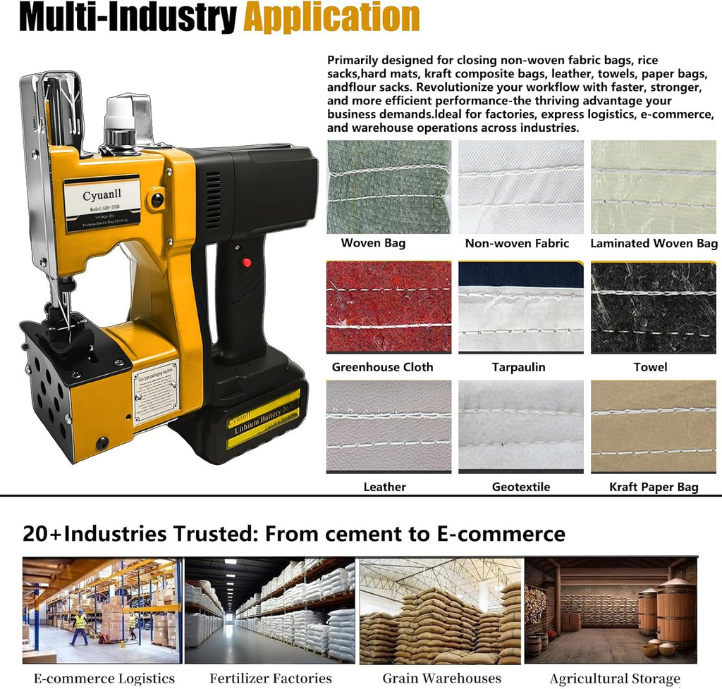 Bag Sewing Machine-Portable Battery Handheld Cordless Bag Sewing Machine,Automatic Bag Stitcher With Thread for Burlap Sack, Canvas,Feed Sacks,Rice Bags,Jute Bags,Seed Bags(Machine+1 battery)-Yellow