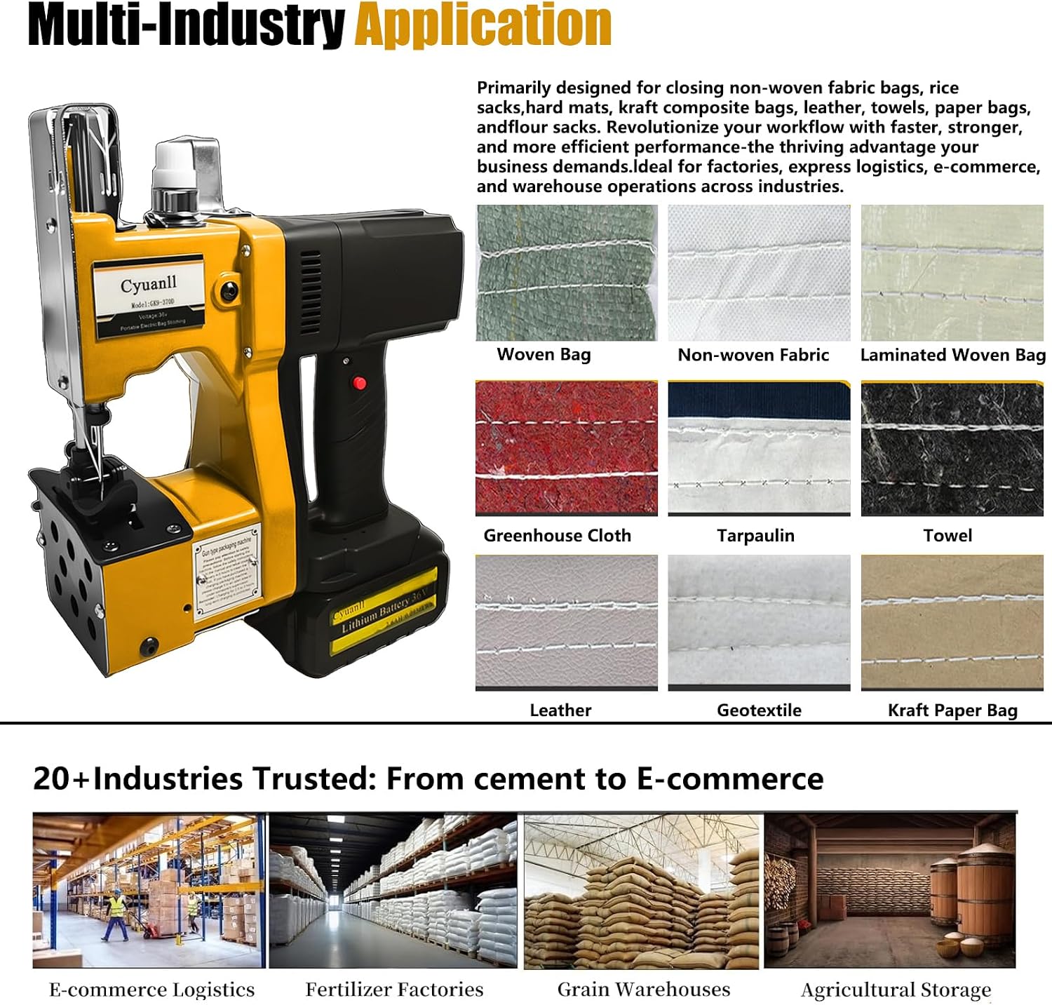 Bag Sewing Machine-Portable Battery Handheld Cordless Bag Sewing Machine,Automatic Bag Stitcher With Thread for Burlap Sack, Canvas,Feed Sacks,Rice Bags,Jute Bags,Seed Bags(Machine+1 battery)-Yellow
