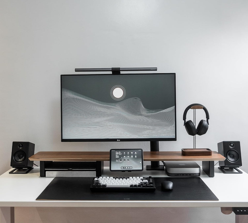 Raico Desk Cockpit Shelf Monitor Stand System Dual Screen Setup Wood Large Desk Accessory Organizer Unit (Walnut, Full Length v2 | 45.7 Inches)