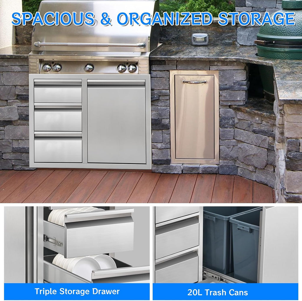 Outdoor Kitchen Drawer Combo, Stainless Steel Triple Drawer Cabinet with Built-in Trash Bin Drawer & Two Trash Cans, 28' W x 22' H x 19.5' D Outdoor Kitchen Storage for BBQ Grill Islands