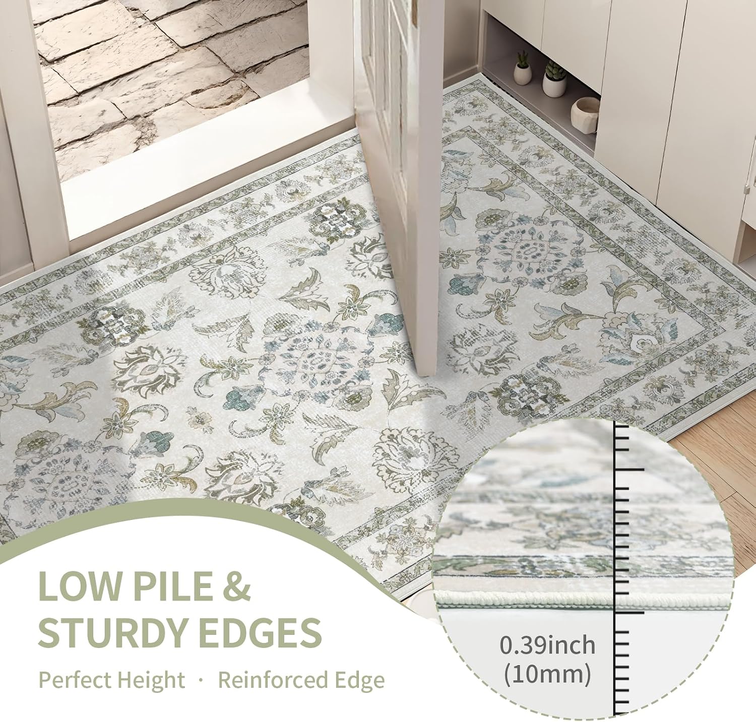 Round 8Ft Washable Area Rug,Vintage Floral Low Pile Non Slip Carpet Non-Shedding Rug Soft Stain Resistant Mat for Living Room Bedroom Beige and Sage Green