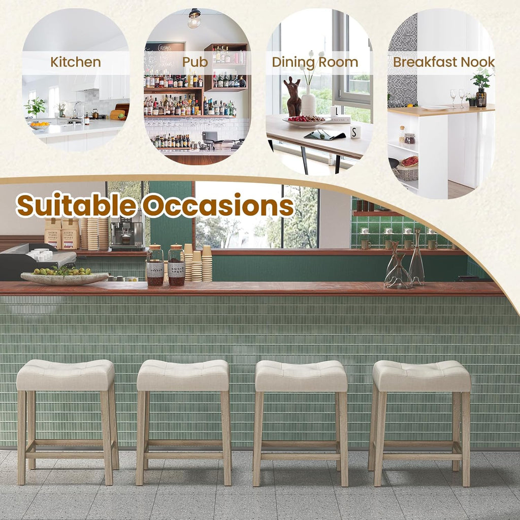 NAFORT Counter Height Saddle Stool Set of 4, Wooden Upholstered Stools Set with Rubber Wood Legs, High-Density Sponge Cushion, Non-Slip Pads, Backless Saddle Chair for Living Room, Kitchen, Pub, Beige