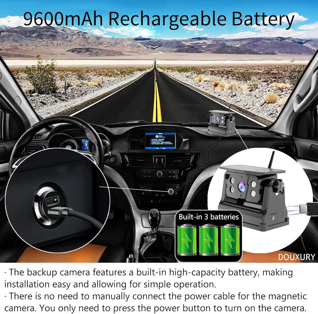 Wireless Backup Camera Solar Magnetic for RV Car Trailer Truck Camper 5th Wheels Hitch Towing No Wiring No Drilling Rechargeable Night Vision Portable Backup Camera with 5' 1080P HD 2-Split Monitor