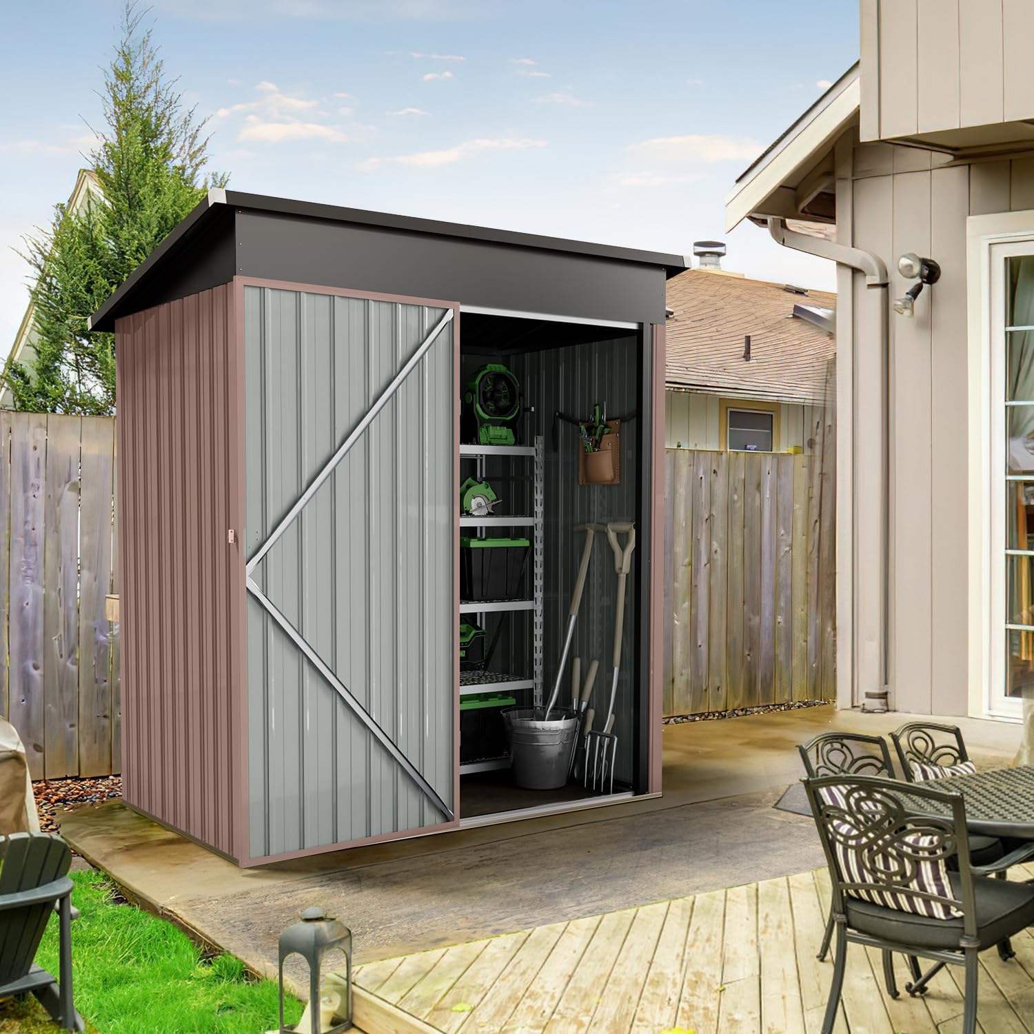 Aoxun 61x32In Outdoor Storage Cabinet Metal Garden Shed, Indoor& Outdoor Waterproof Vertical Storage Shed for Patio Garden, Garage, Porch (Brown, 80 Cu.Ft)