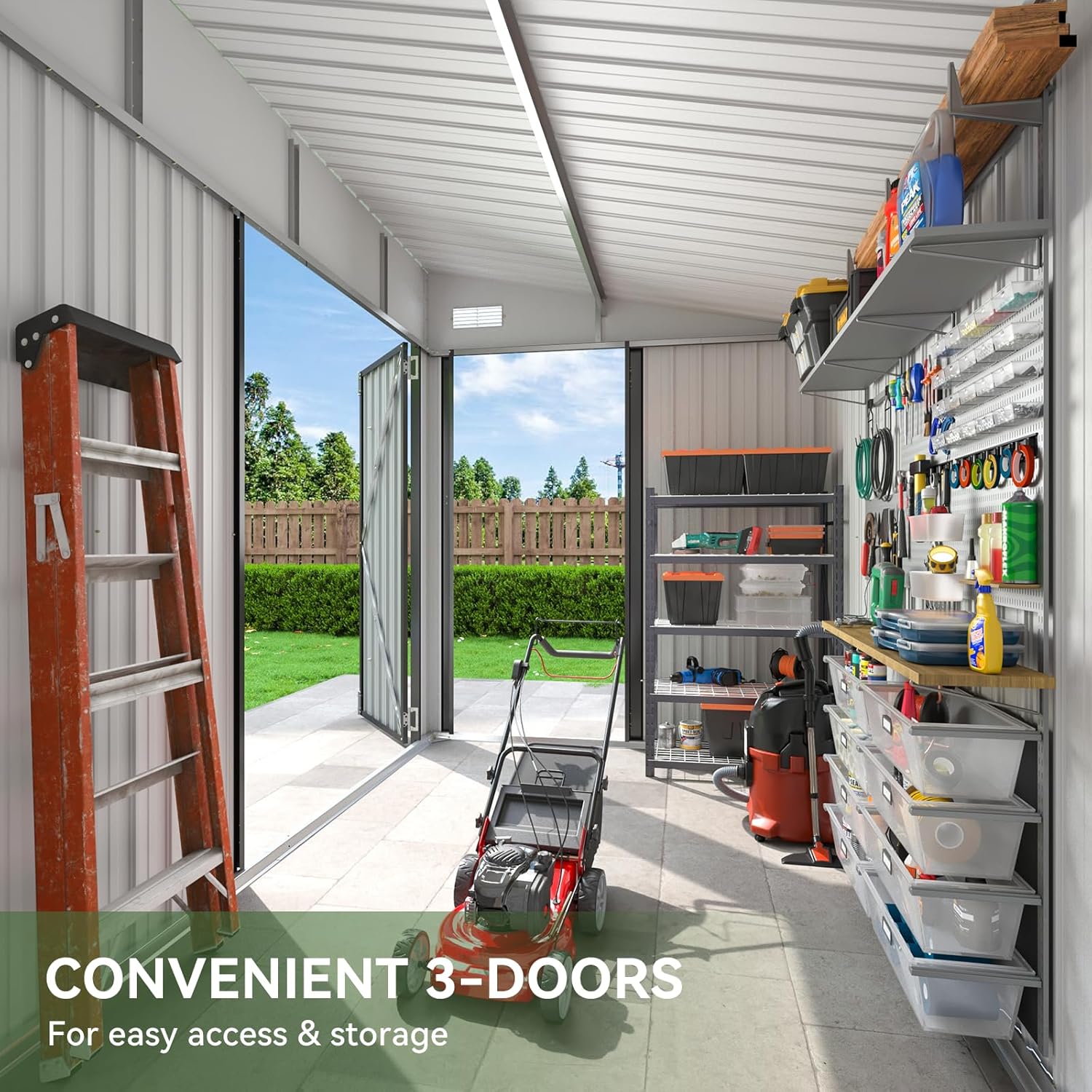 Aoxun 7.5'x4' Triple Door Shed Outdoor Storage Shed with Magnetic Sensor Light Three Door Metal Storage Cabinet with Slopping Roof for Tools Bicycles Storage for Garden, Backyards (Black)