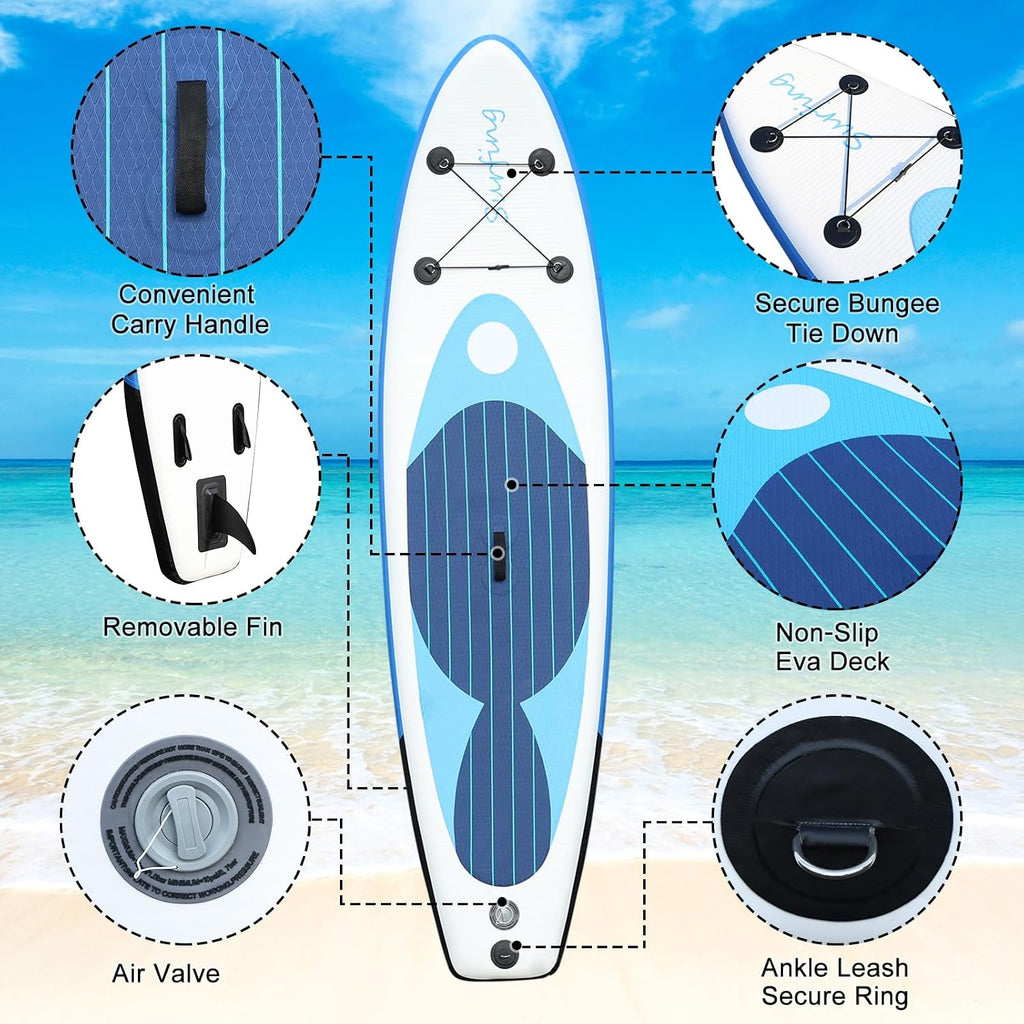 Inflatable Paddle Board for Adults, Camouflage Print Adult Paddleboard, Single Layer PVC Paddle Board with Carry Bag, Hand Pump, Retractable Propeller, Removable Fin Blue