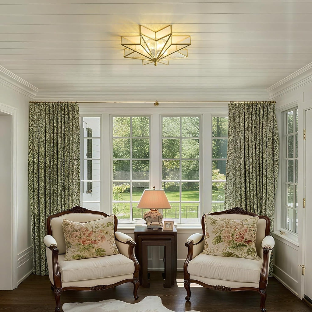Star Brass Vintage Ceiling Light - 19.7 Inch Large Hammered Glass Antique Brushed Gold Flush Mount Fixture, Mid Century Art Deco Overhead Lighting for Kitchen Hallway Bedroom Bathroom Laundry Entryway