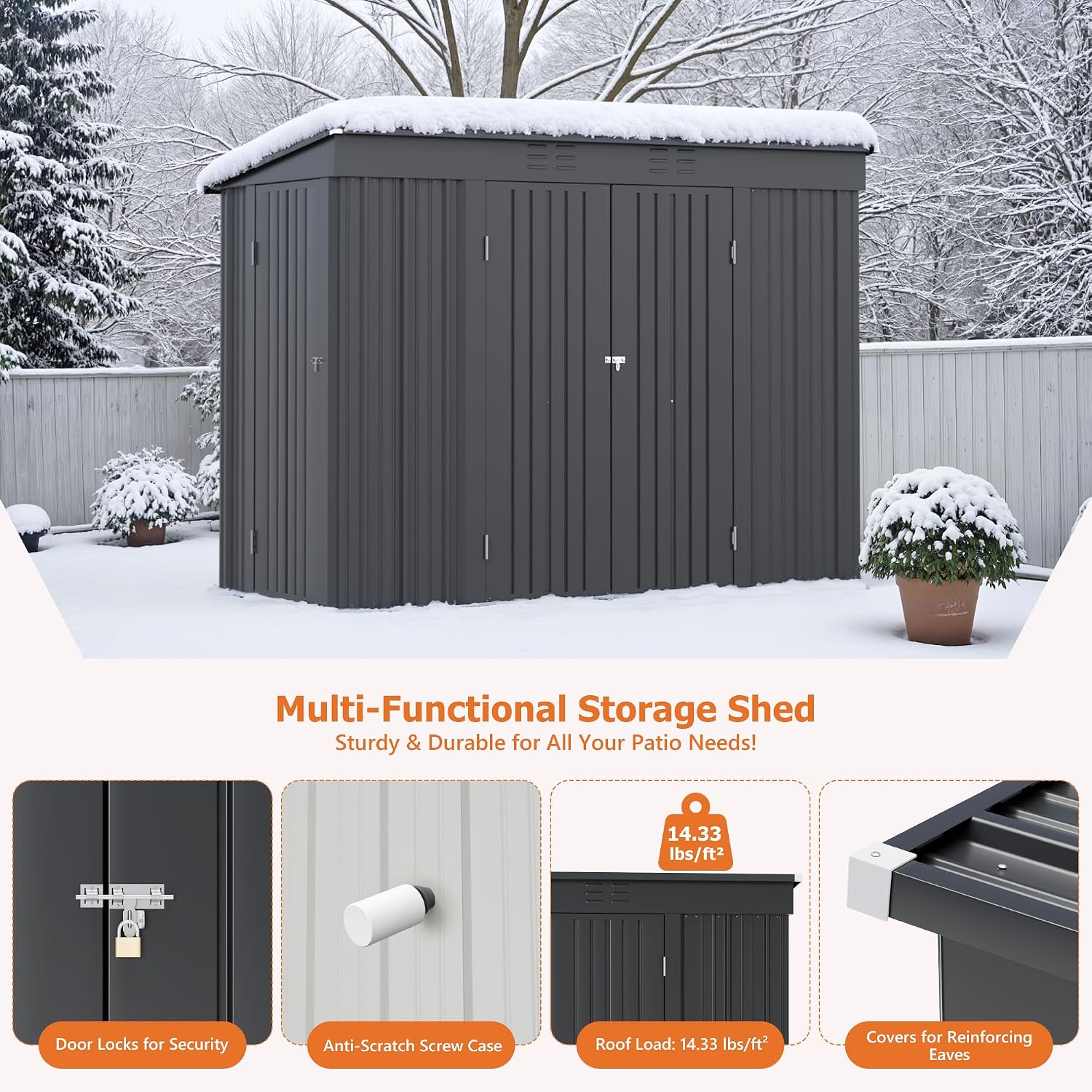 JUMMICO 8x4 FT Outdoor Storage Shed, Heavy Duty Tool Metal Sheds with 3 Lockable Doors and Updated Frame Structure for Backyard Patio Lawn, Black