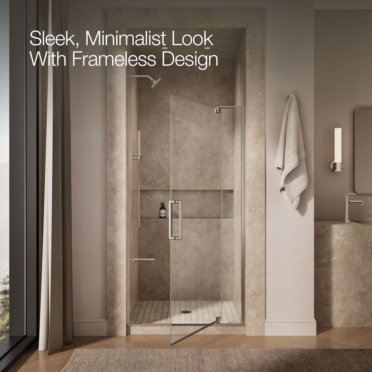 KOHLER pivot shower door, 74'H x 35-1/8-40'W, with 5/16' thick Crystal Clear glass