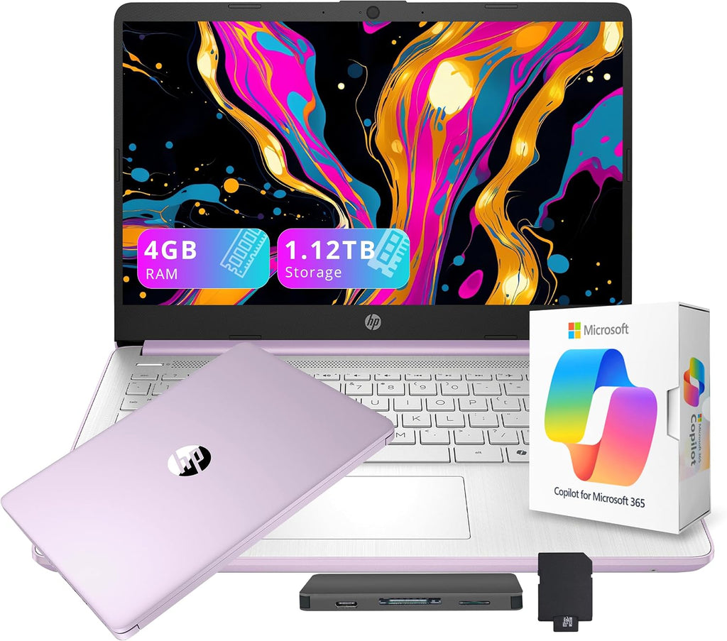 HP Stream 14' HD Student&Business Laptop with AI Copilot, Intel Processor N150, 4GB RAM, 1.12TB Storage (128GB UFS + 1TB Docking Station), 1 Year Office 365, 720p Webcam, Win 11, Lavender Purple