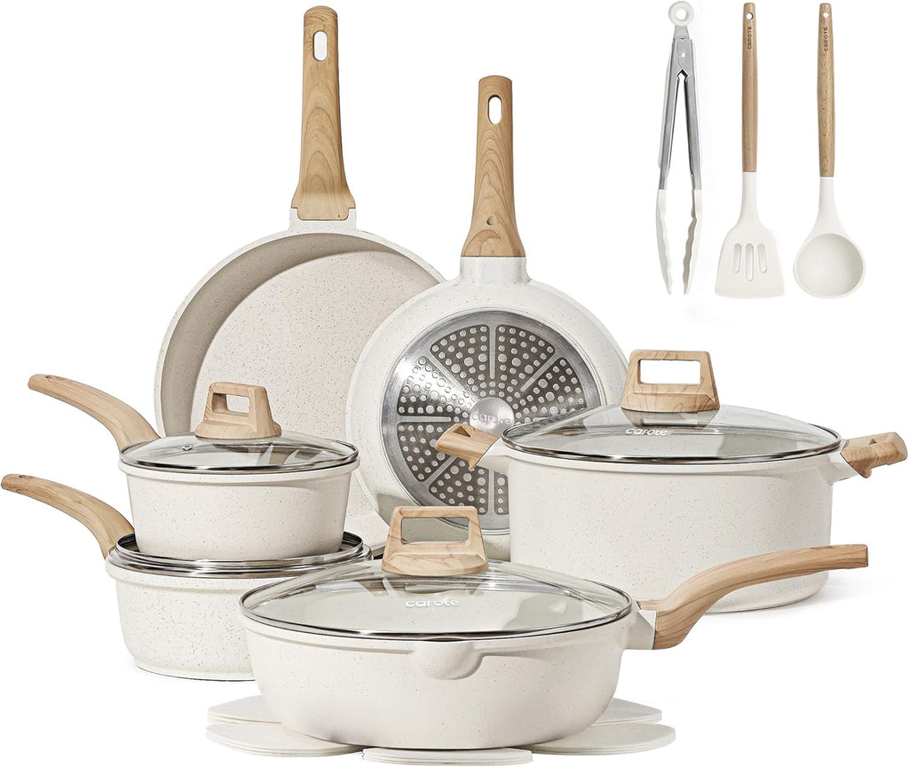 CAROTE 16 Piece Pots and Pans Set Nonstick, White Granite Cookware Sets Induction Cookware, Non Stick Cooking Set w/Frying Pans & Saucepans (PFOS, PFOA Free)