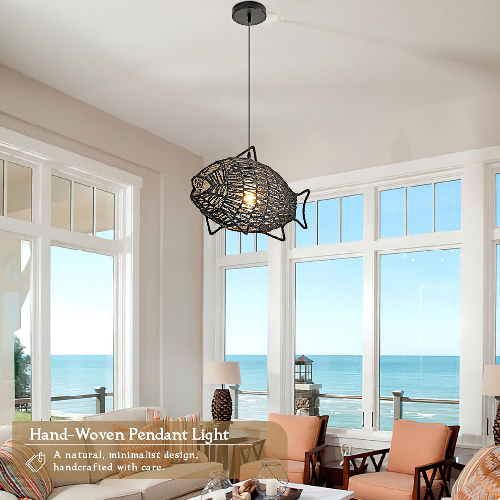 19 Inch Black Rattan Pendant Lights Boho Light Fixture Fish-Shaped Wicker Pendant Light Woven Pendant Light Hemp Rope Light for Dining Room Living Room Bedroom Kitchen Foyer(Bulb Included)