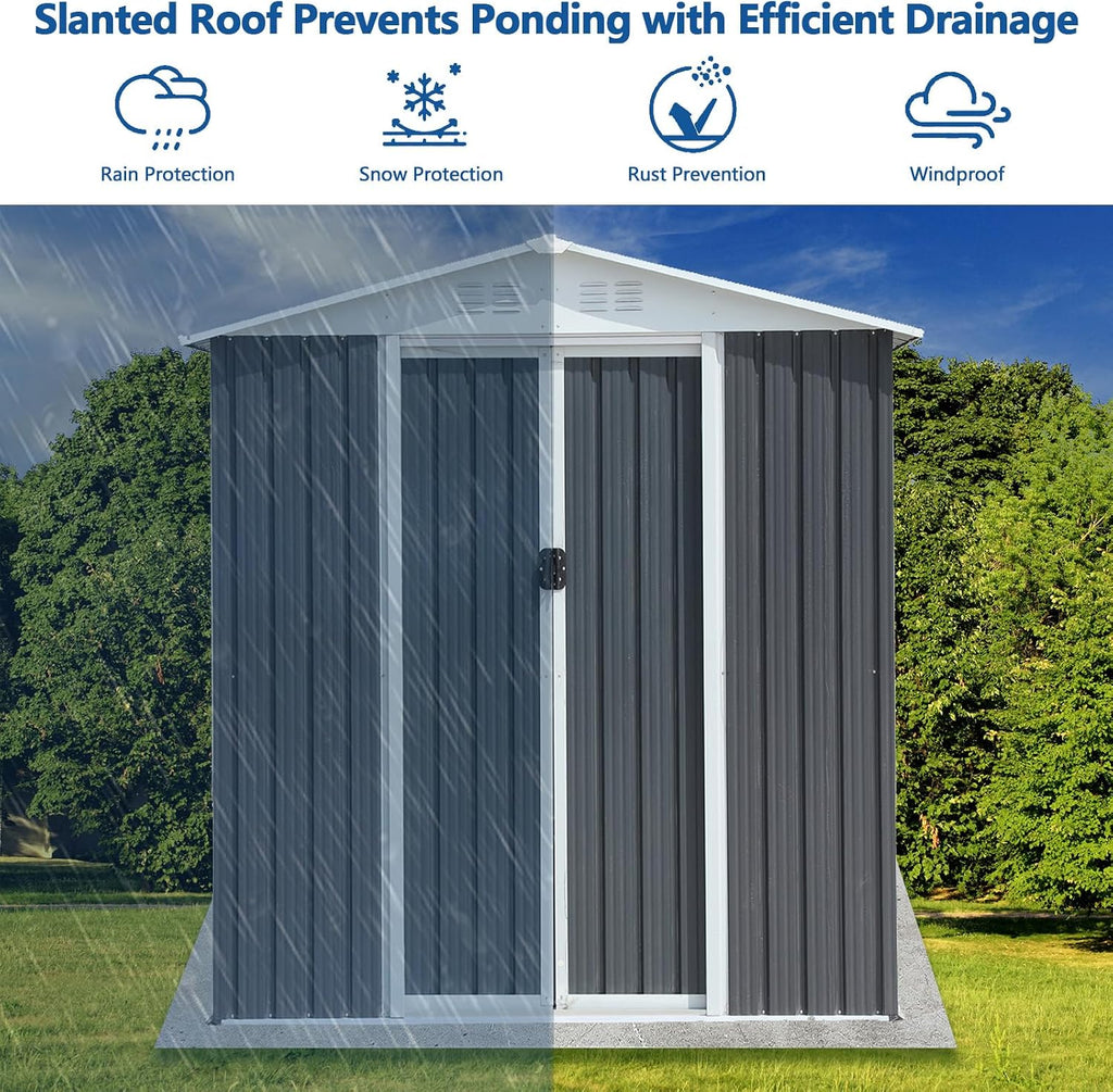 6FTx4FT Outdoor Storage Shed, Utility Tool Shed with Door & Lock Metal Storage Garden Shed for Patio Storage (Grey+2, 6FTx4FT)