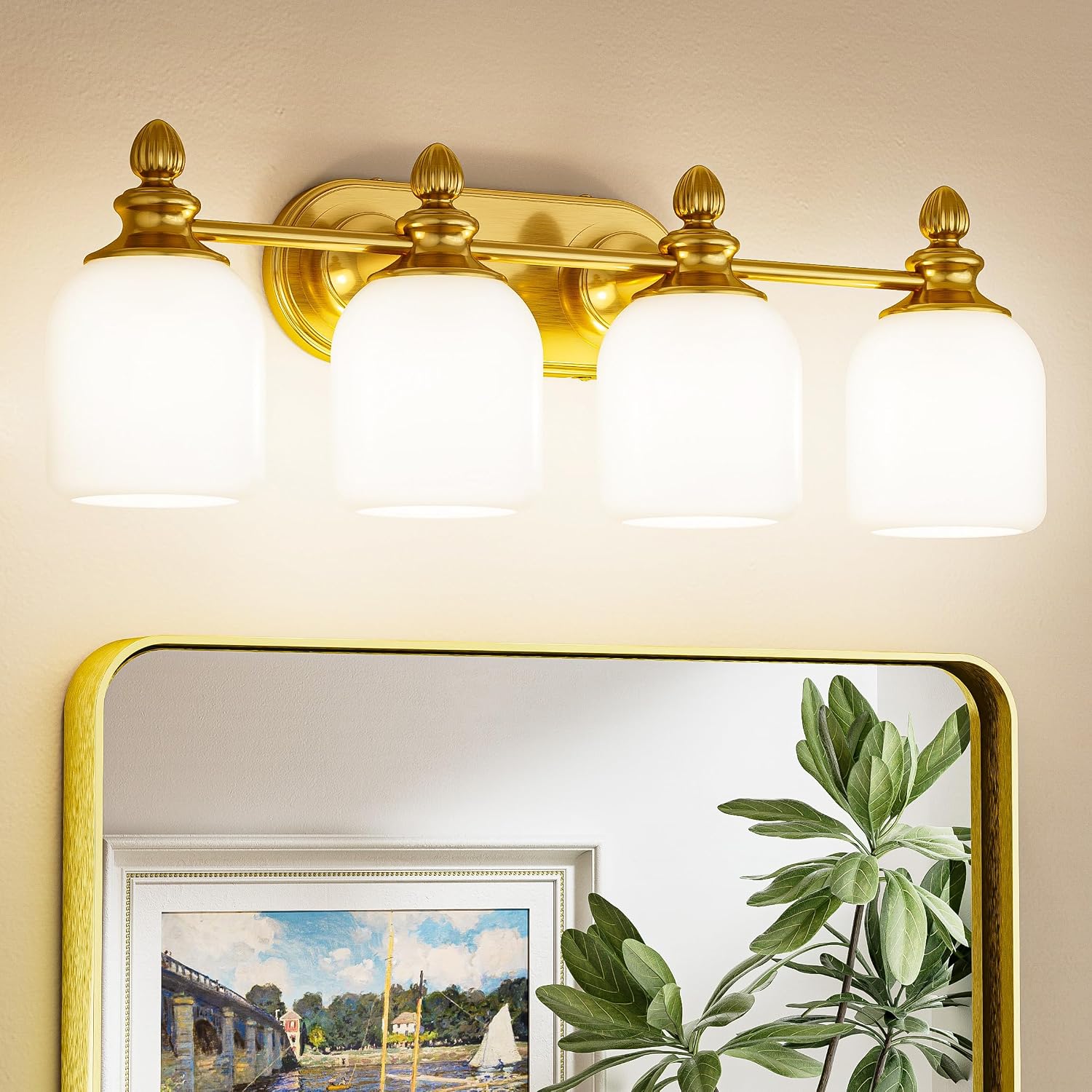 Keonjinn Gold Bathroom Light Fixtures, 4-Light Vintage Vanity Lights for Mirror with Frosted Glass Shades, UL Listed E26 Base(Bulbs Not Included), Reversible Vanity Lighting Fixtures for Bathroom