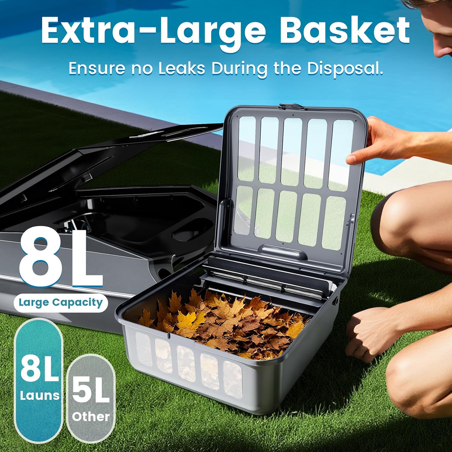 F1 Solar Powered Robotic Pool Skimmer, Automatic Pool Cleaner with 6L Large Capacity Basket & Fast Charging, for In-Ground & Above-Ground Pools