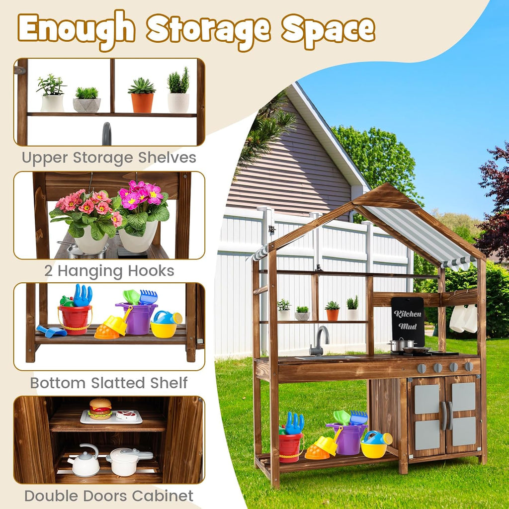 KOTEK Mud Kitchen with Canopy, Outdoor Play Kitchen with Removable Sink, Chalkboard, 4 Stoves, Cooking Accessories & Storage Cabinet, Wooden Toy Kitchen Playset for Kids Age 3+