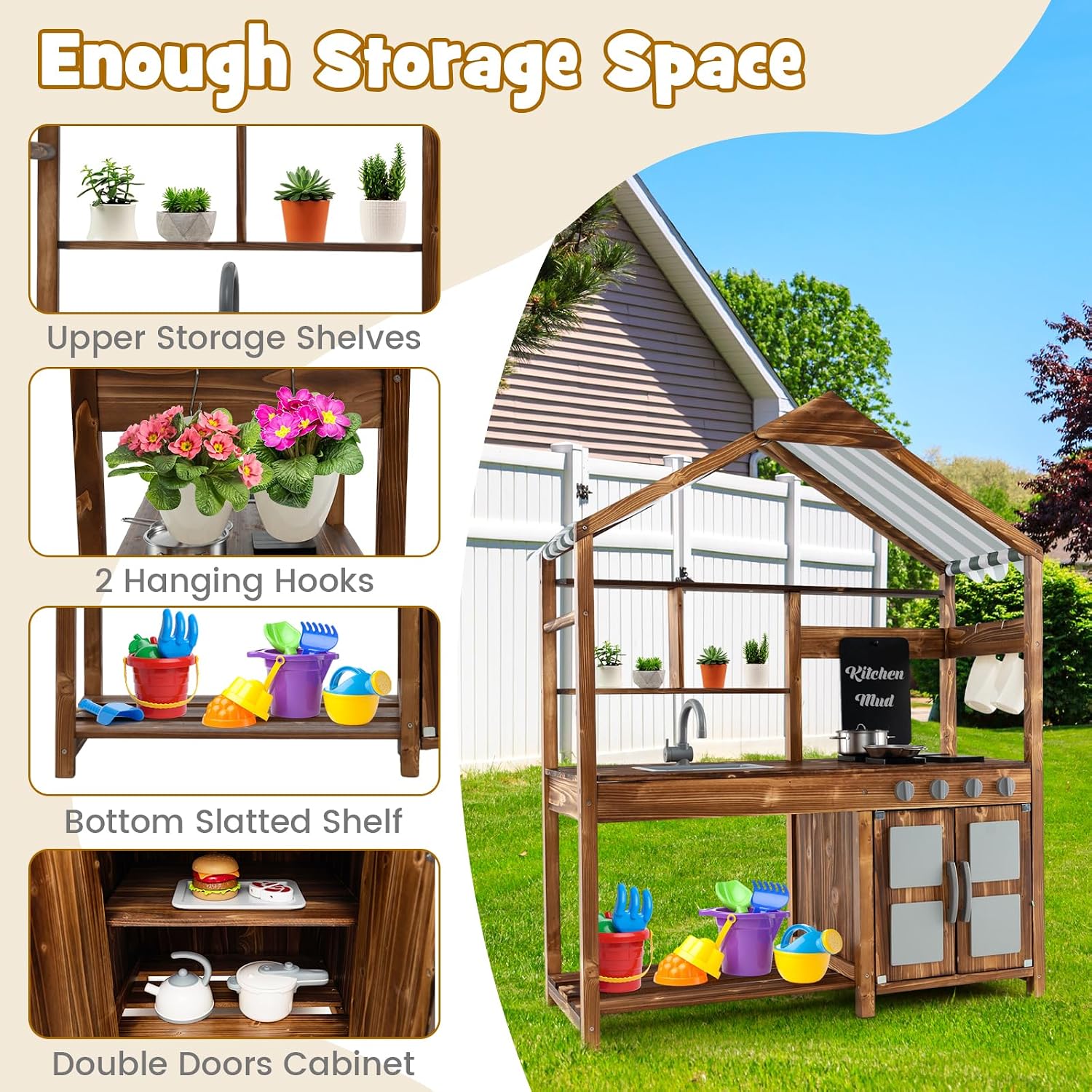KOTEK Mud Kitchen with Canopy, Outdoor Play Kitchen with Removable Sink, Chalkboard, 4 Stoves, Cooking Accessories & Storage Cabinet, Wooden Toy Kitchen Playset for Kids Age 3+