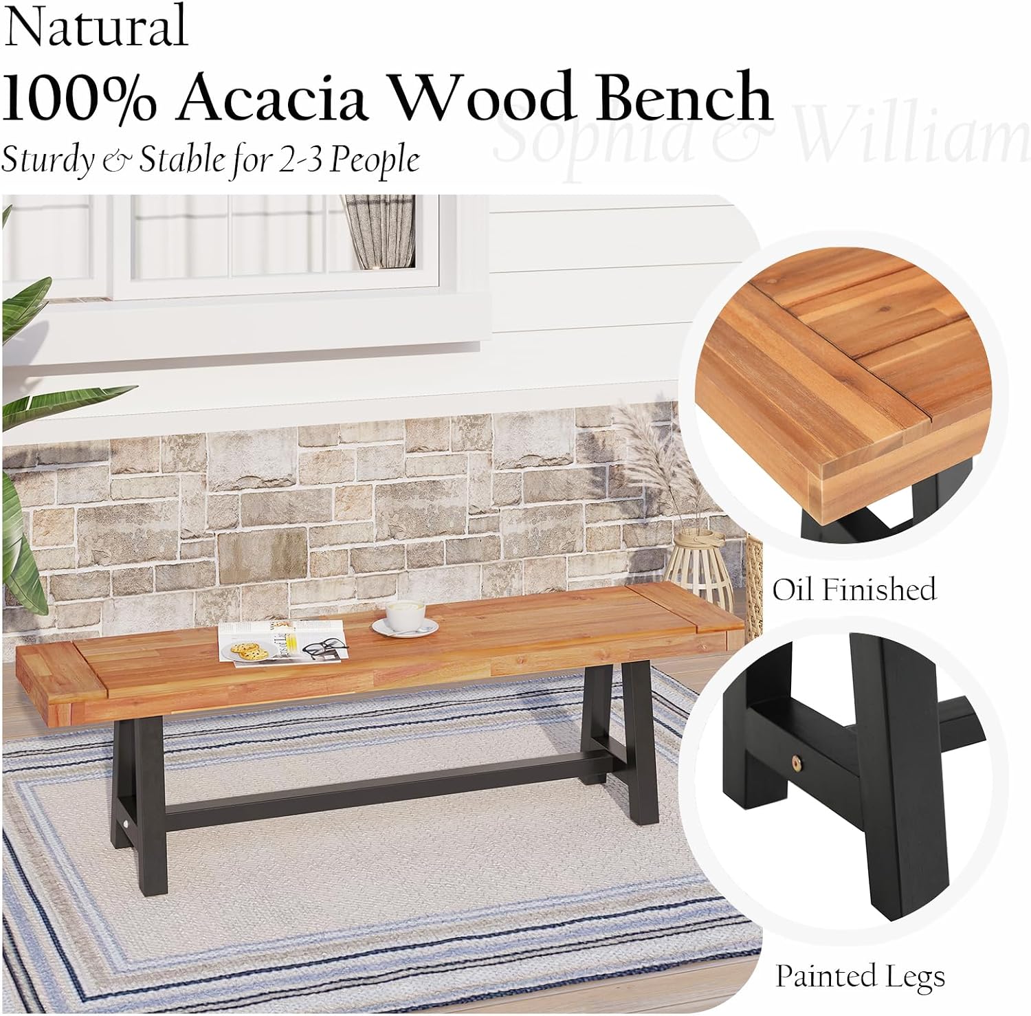 Sophia & William Outdoor Bench Garden Bench Wood 63', Patio Dining Bench Weatherproof, Wooden Park Front Porch Benches for Outside, Backless Acacia Wood Bench Long Narrow Clearance, Teak