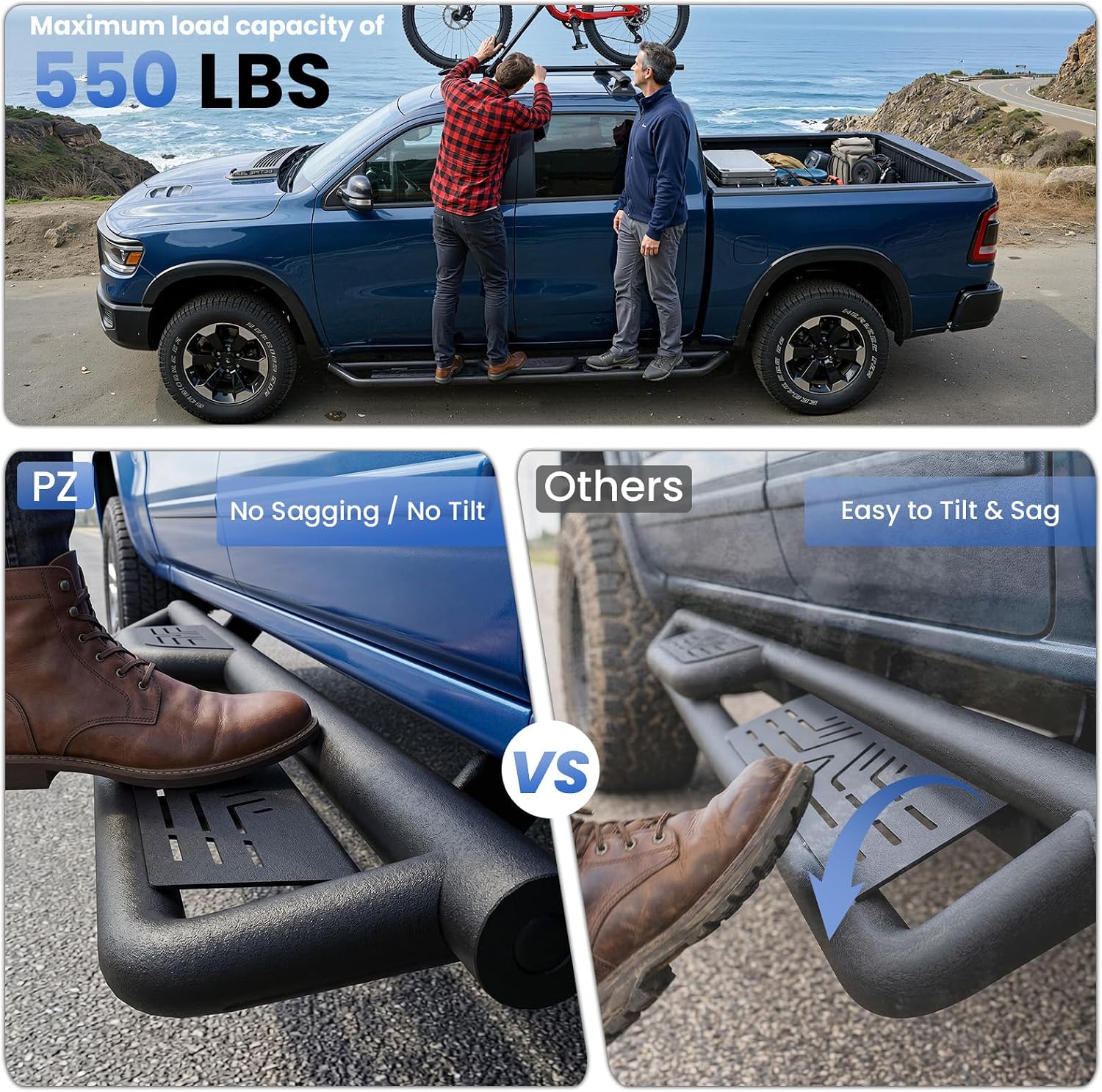PZ 6' Running Boards Anti-Slip Side Steps Carbon Steel Compatible with 2007-2018 GMC Sierra 1500 Double Cab,550LBS Steel No Drill Truck Running Boards Direct Fit Nerf Bar