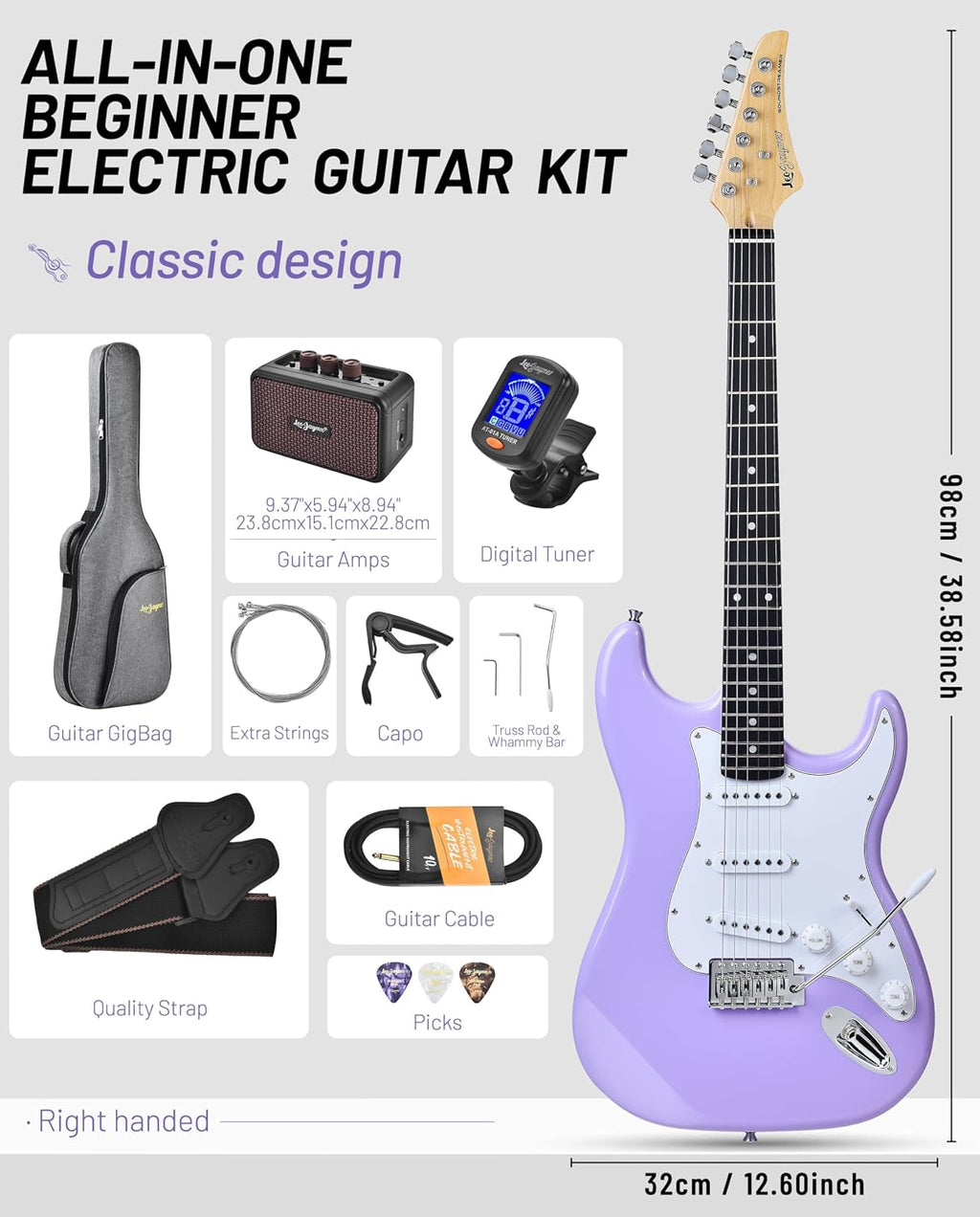 Leo Jaymz Beginner Electric Guitar 39' Kit with Portable Amplifier, Padded Gig Bag, Digital Tuner，Capo，Strap，Picks，Classic SSS Pickups (Lavender)