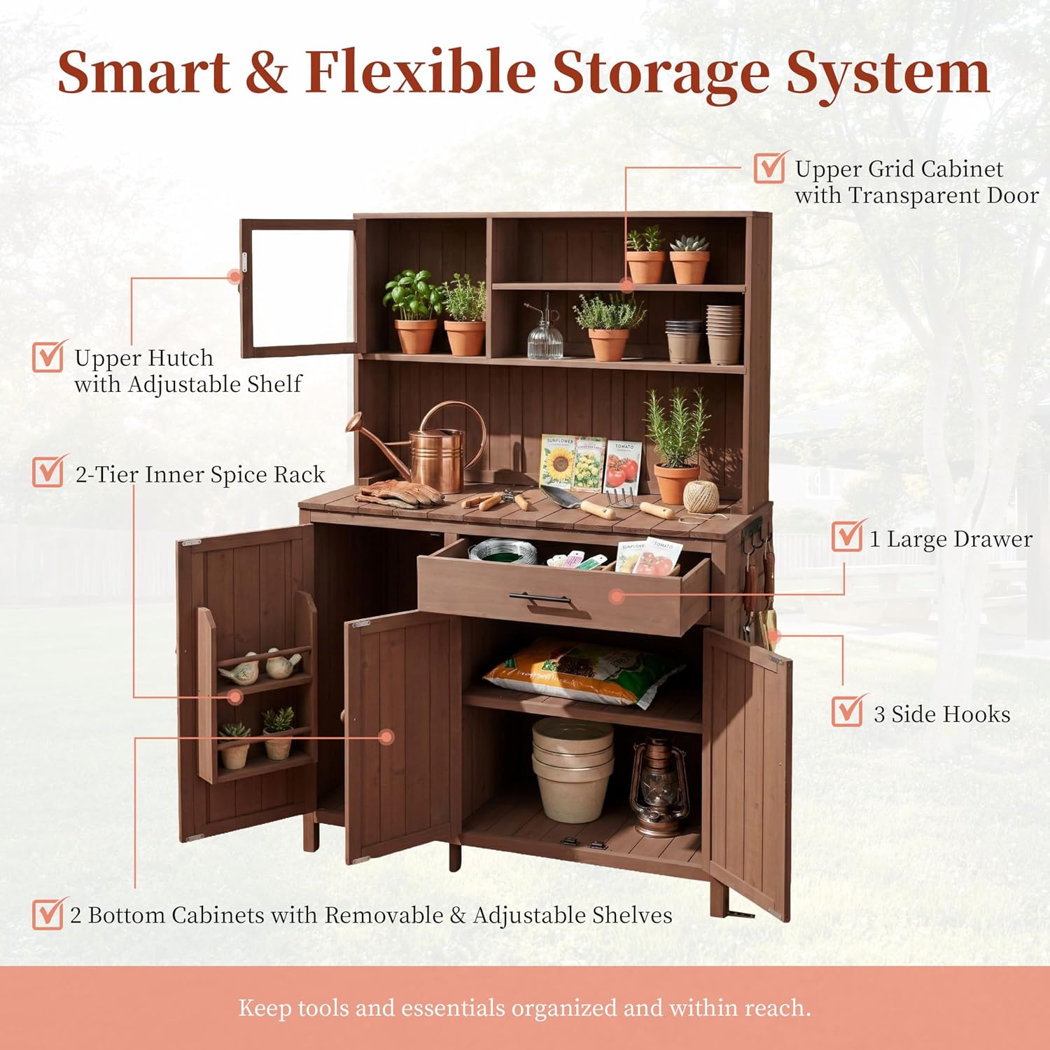 Potting Bench with Hutch, 65' H Solid Fir Wood Garden Workstation, Large Countertop, Patio Kitchen Island with Adjustable Shelves, Spice Rack, Side Hook and Drawer (Brown-P1)
