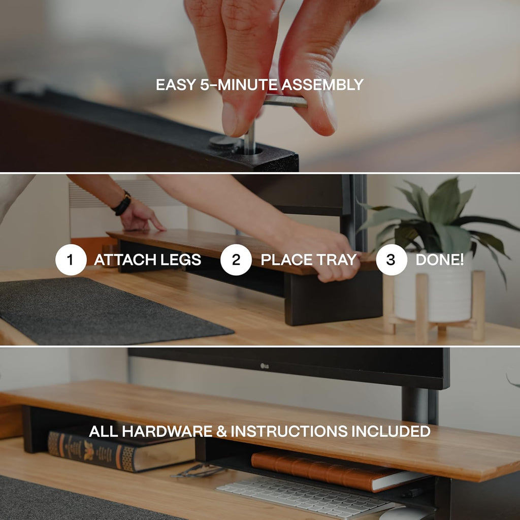 COREMINDED Solid Wood Dual Monitor Stand Riser – 42' Oak Desk Shelf for 2 Monitors with Tray & Wool Felt, Organizer for Desktop, Laptop and Office (Solid Oak)