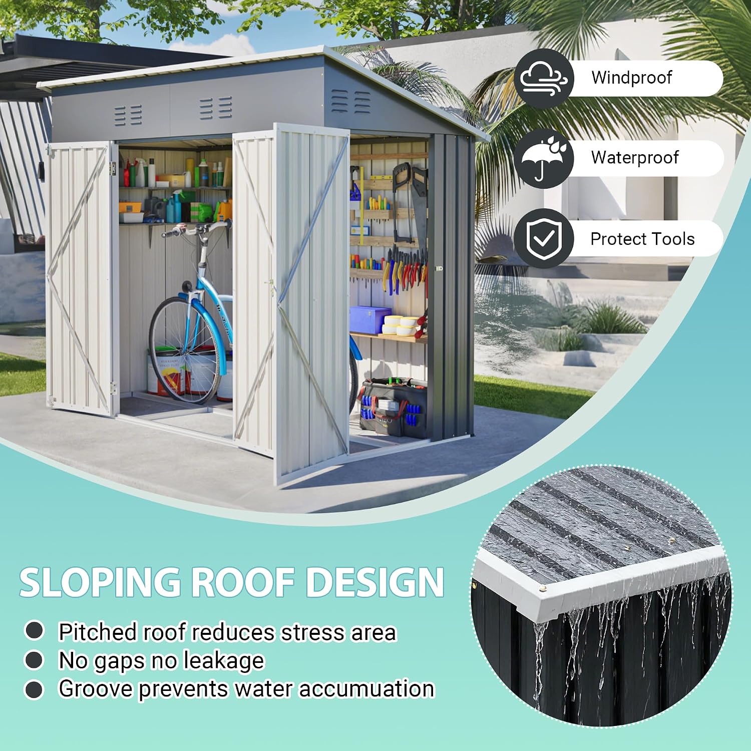 YOPTO 4x8 FT Outdoor Storage Shed,Slope Roof Storage Metal Garden Shed Steel with Reinforced Beams,All Weather Waterproof Garden Tool House W/Lockable Door & 4 Air Vents,for Backyard,Patio,Lawn,Grey