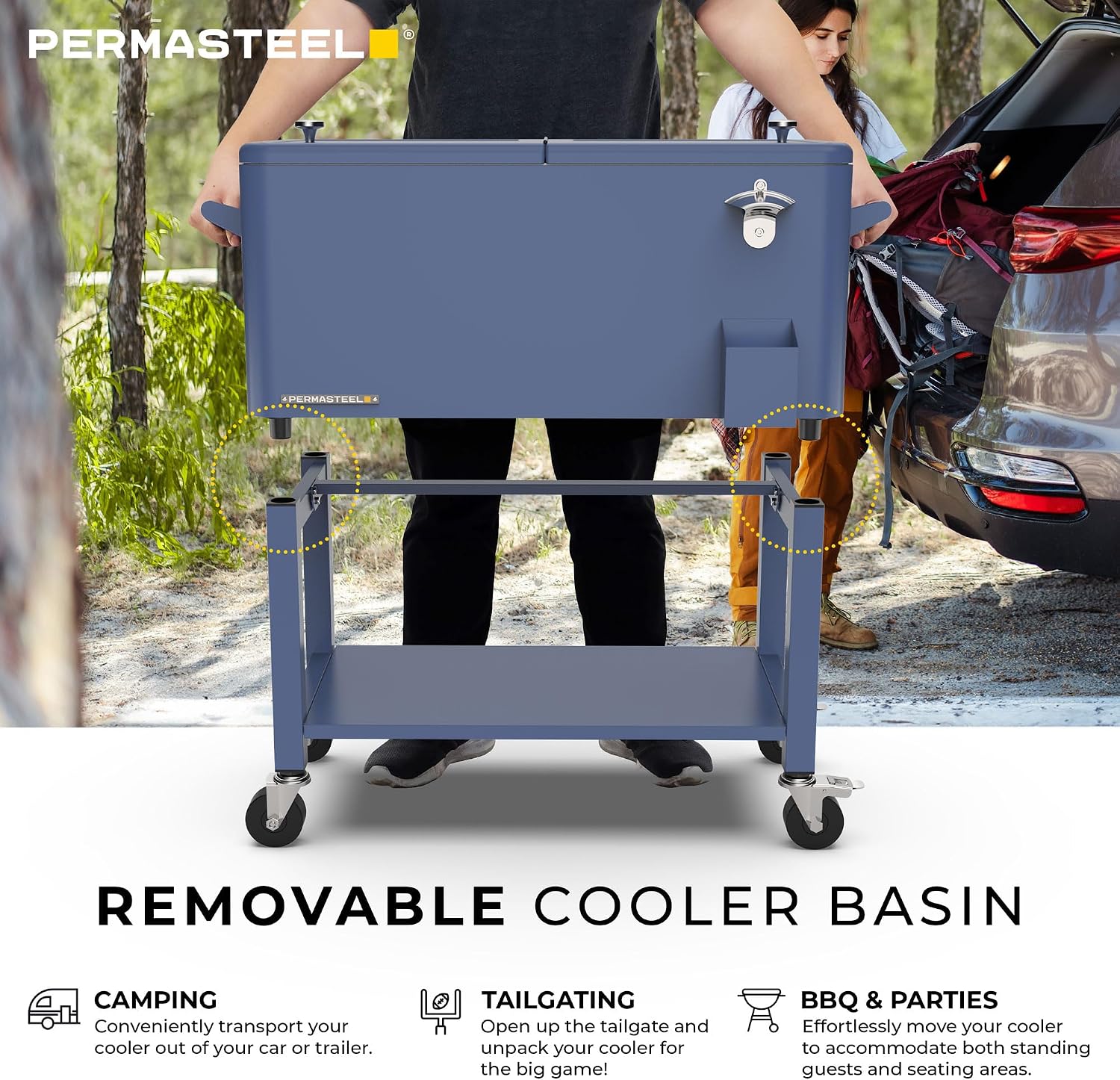 Permasteel Party Cooler with Divider, Removable Basin, Spacious 80-Qt Capacity, Chills 36hrs, Serving Tray, Rolling Ice Chest for Indoor & Outdoor